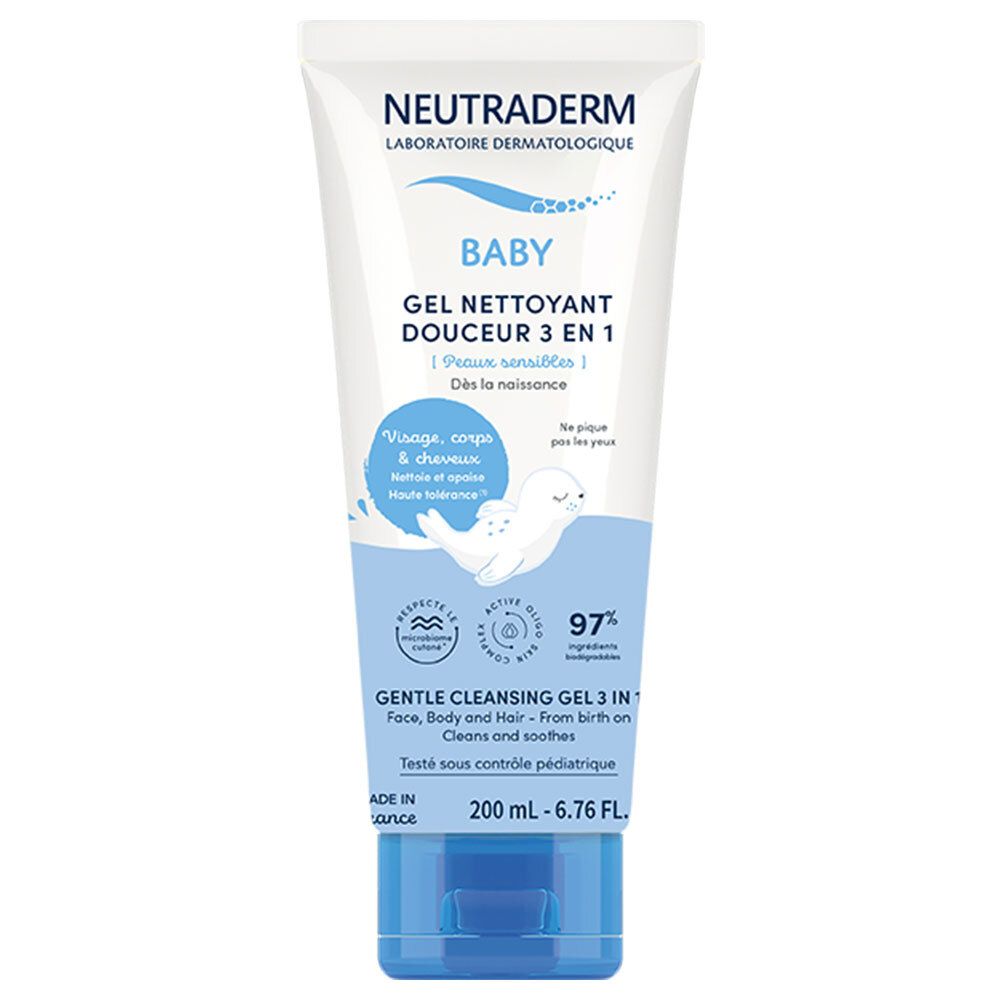 Tube blanc et bleu Neutraderm Baby Gel. Texte: Gel nettoyant douceur 3 en 1. Pour visage, corps et cheveux. 200 ml.