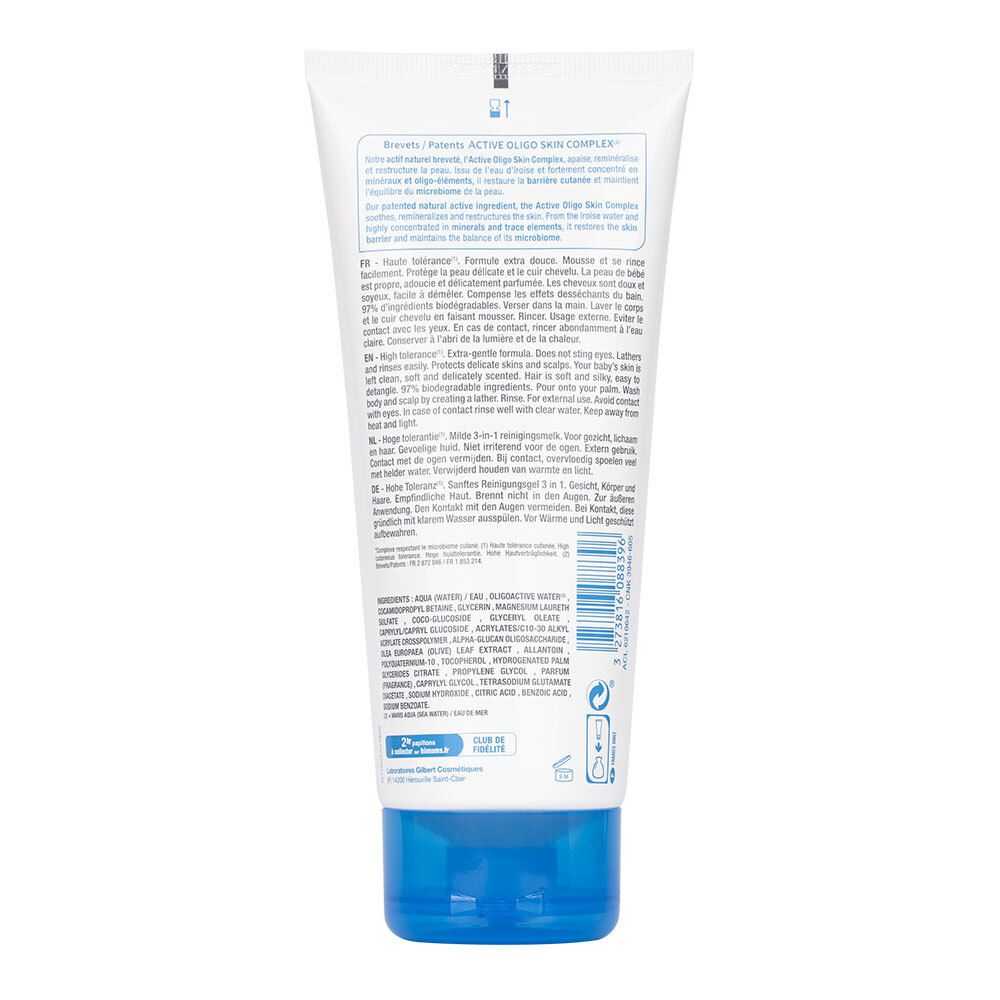 Dos du tube Neutraderm Baby Gel. Texte multilingue. Ingrédients et informations sur le produit.