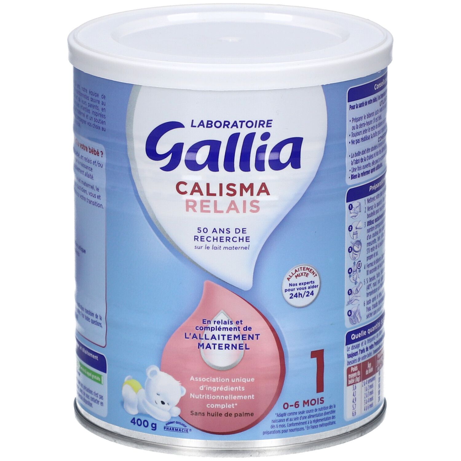 Boîte de lait infantile Gallia Calisma Relais 1, 0-6 mois. 400g. Contient DHA/Oméga 3. Sans huile de palme.
