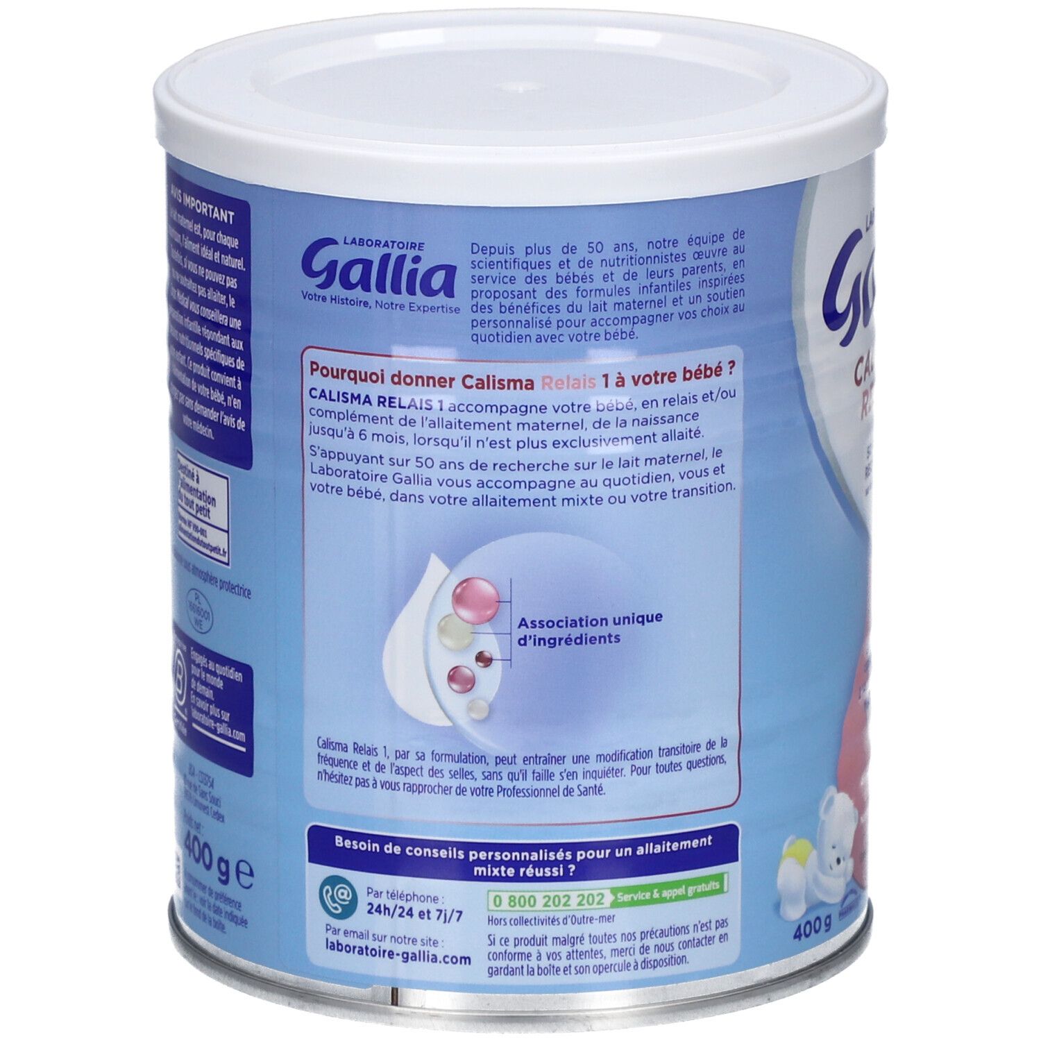 Dos de la boîte Gallia Calisma Relais 1. Informations sur les ingrédients, valeurs nutritionnelles et utilisation.