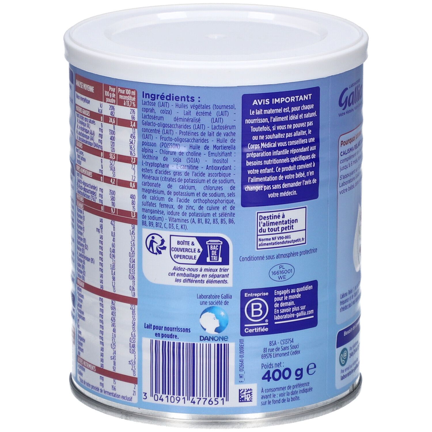 Dos de la boîte Gallia Calisma Relais 1. Informations sur les ingrédients, valeurs nutritionnelles et utilisation.