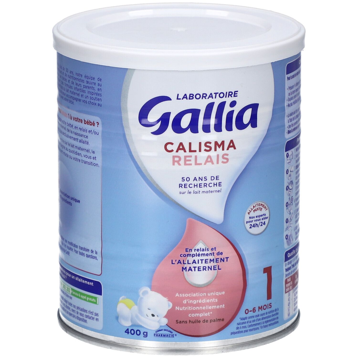 Boîte de lait infantile Gallia Calisma Relais 1, 0-6 mois. 400g. Contient DHA/Oméga 3. Sans huile de palme.