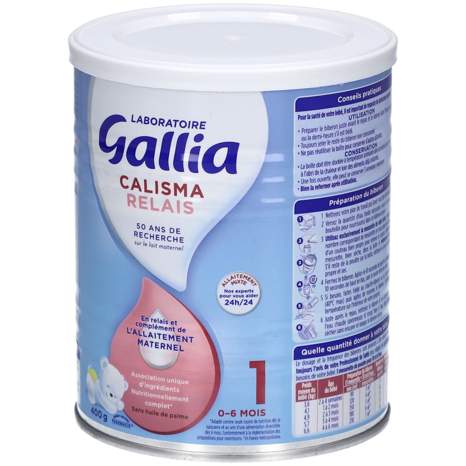 Boîte de lait infantile Gallia Calisma Relais 1, 0-6 mois. 400g. Contient DHA/Oméga 3. Sans huile de palme.
