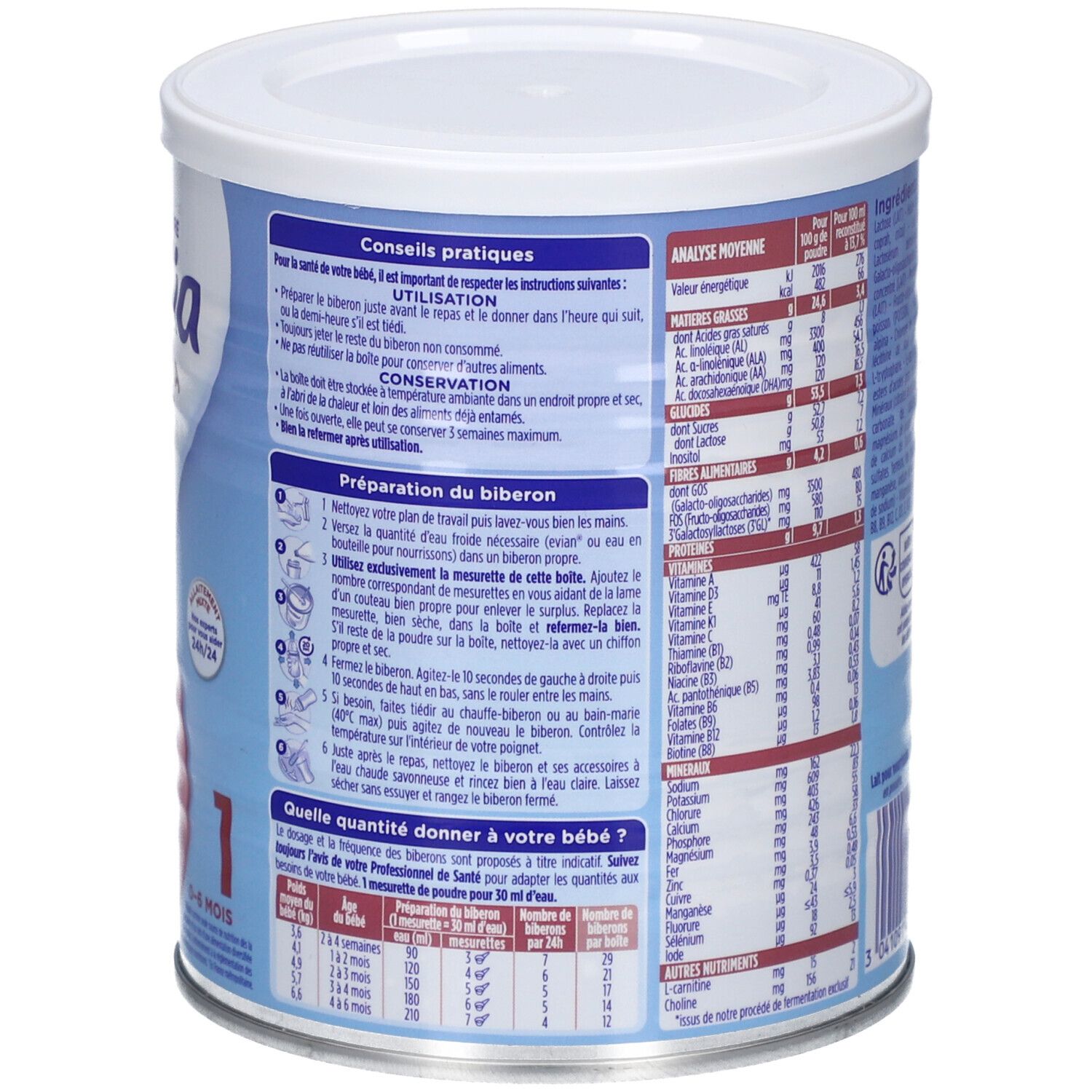 Dos de la boîte Gallia Calisma Relais 1. Informations sur les ingrédients, valeurs nutritionnelles et utilisation.