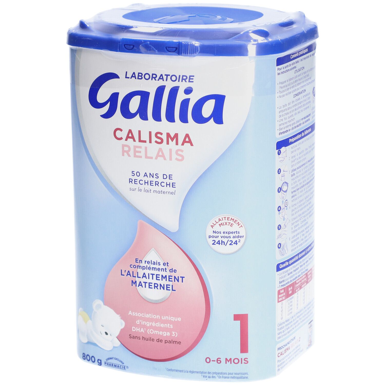 Boîte de lait infantile Gallia Calisma Relais 1, 0-6 mois. Contenance 800g. Emballage bleu et blanc avec informations produit.