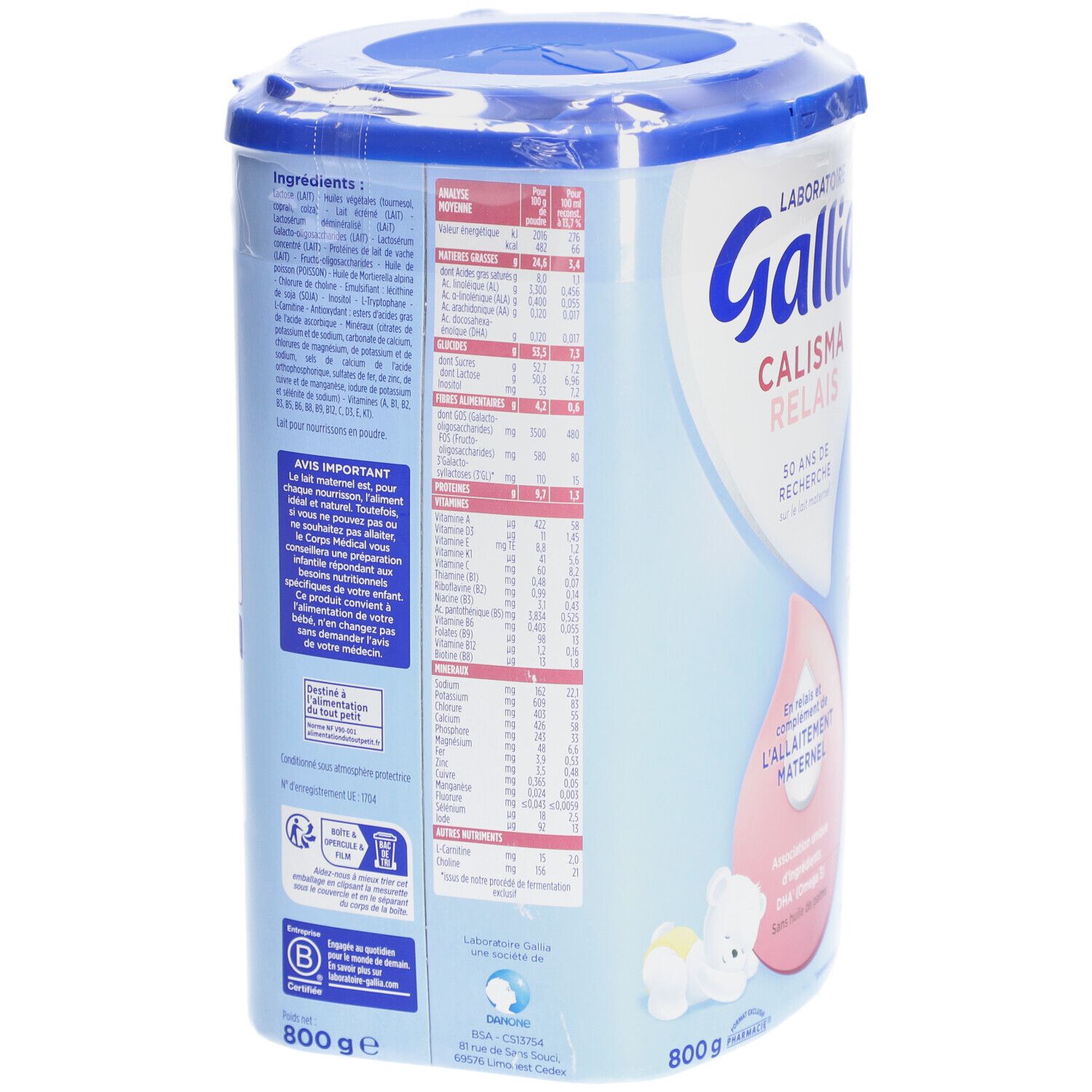 Dos de la boîte Gallia Calisma Relais 1. Contient informations nutritionnelles, ingrédients et instructions. Emballage bleu.