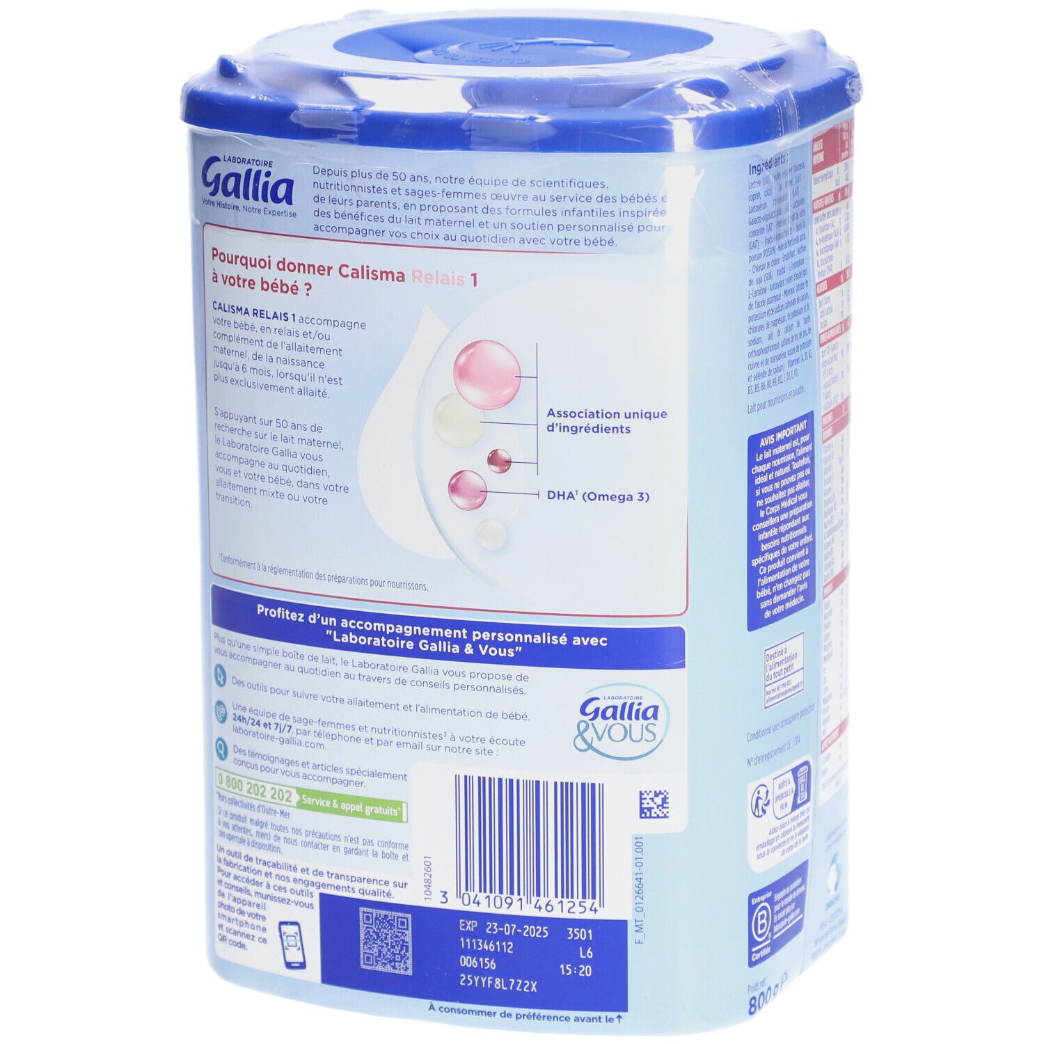 Dos de la boîte Gallia Calisma Relais 1. Informations d'utilisation et ingrédients. Emballage bleu.