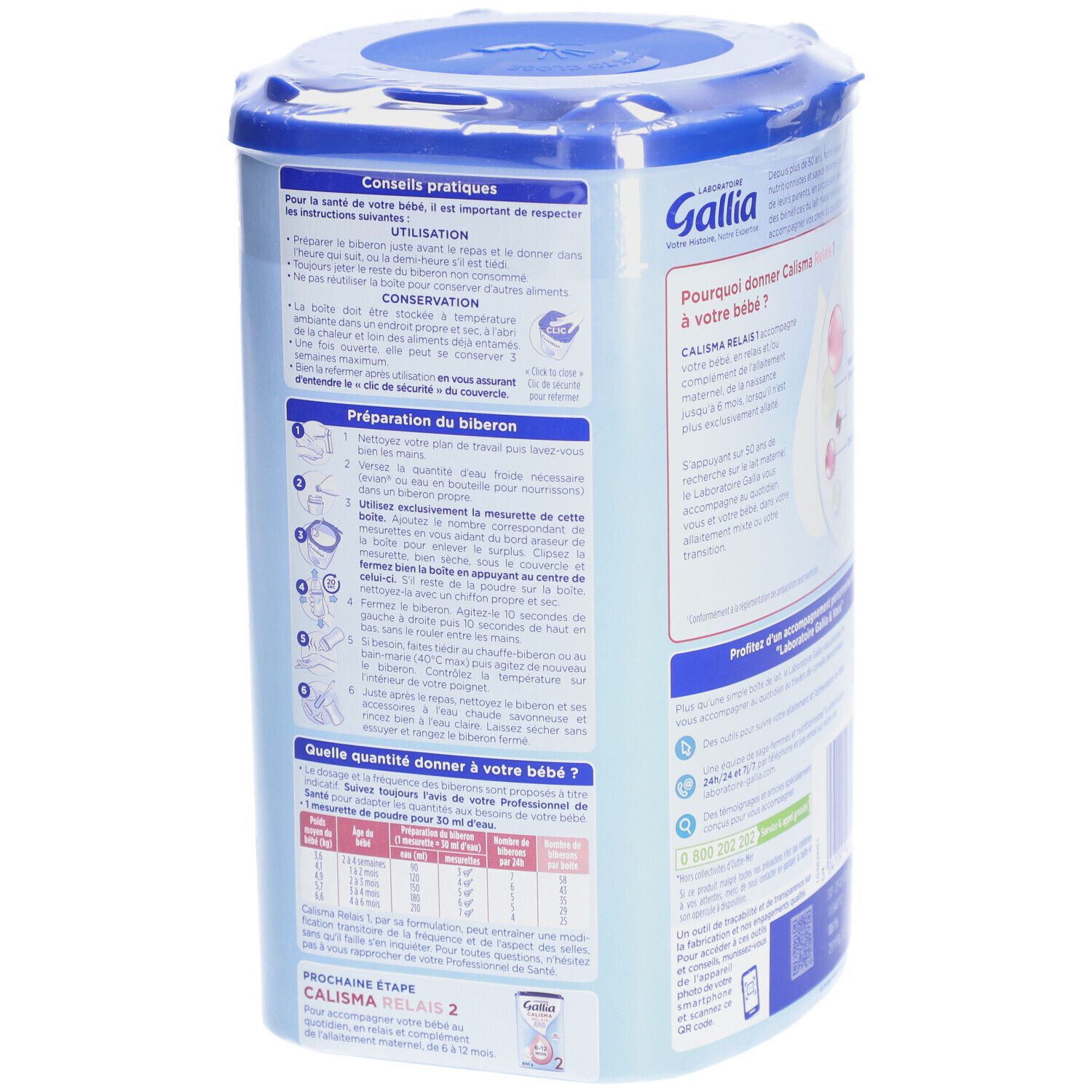 Dos de la boîte Gallia Calisma Relais 1. Informations de préparation et dosage. Emballage bleu.