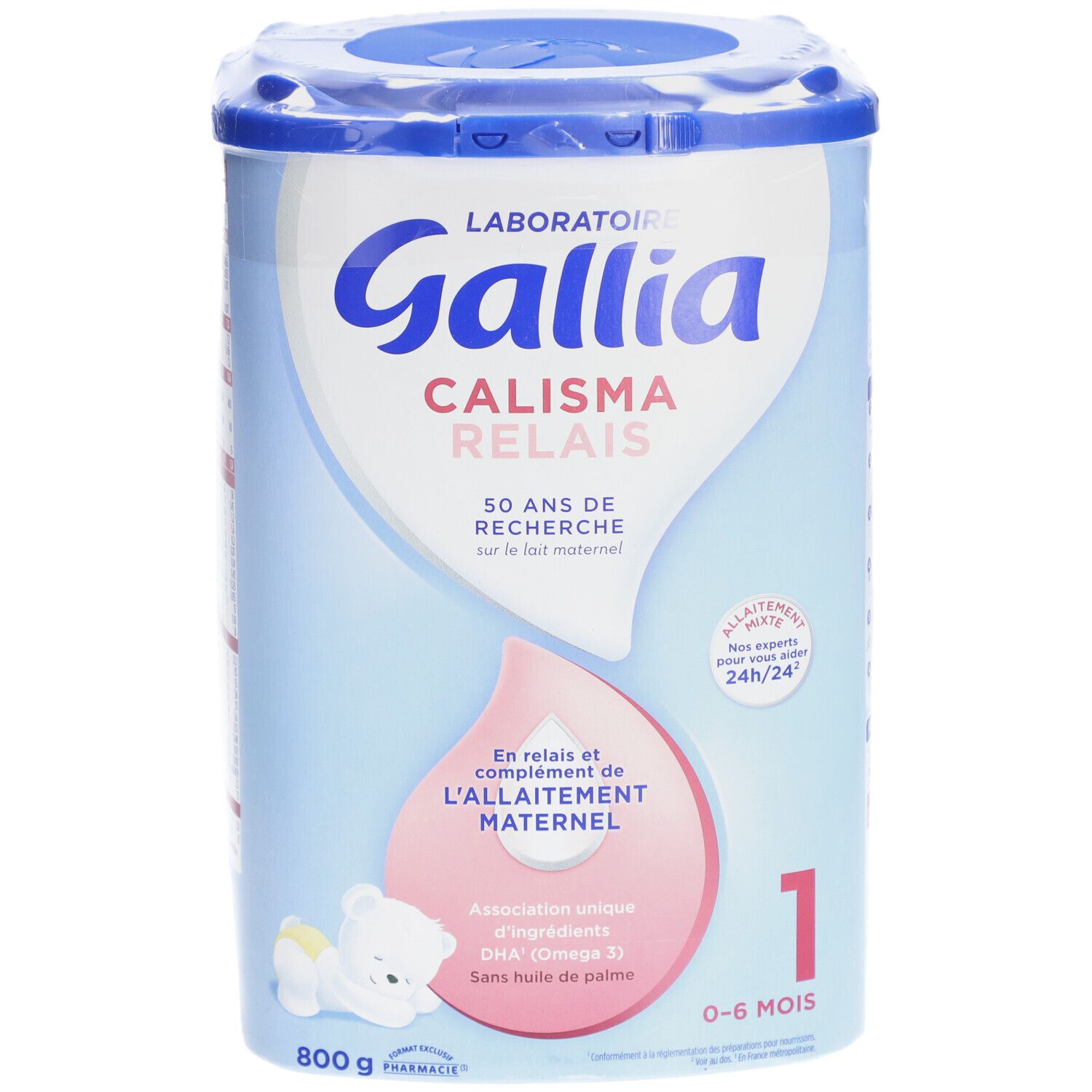 Boîte de lait infantile Gallia Calisma Relais 1, 0-6 mois. Contenance 800g. Emballage bleu et blanc avec informations produit.