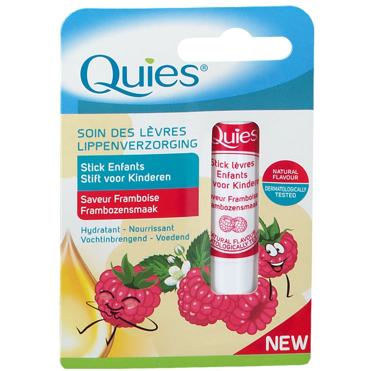 Quies Stick lèvres enfants, saveur framboise. Emballage avec stick et illustrations de framboises.