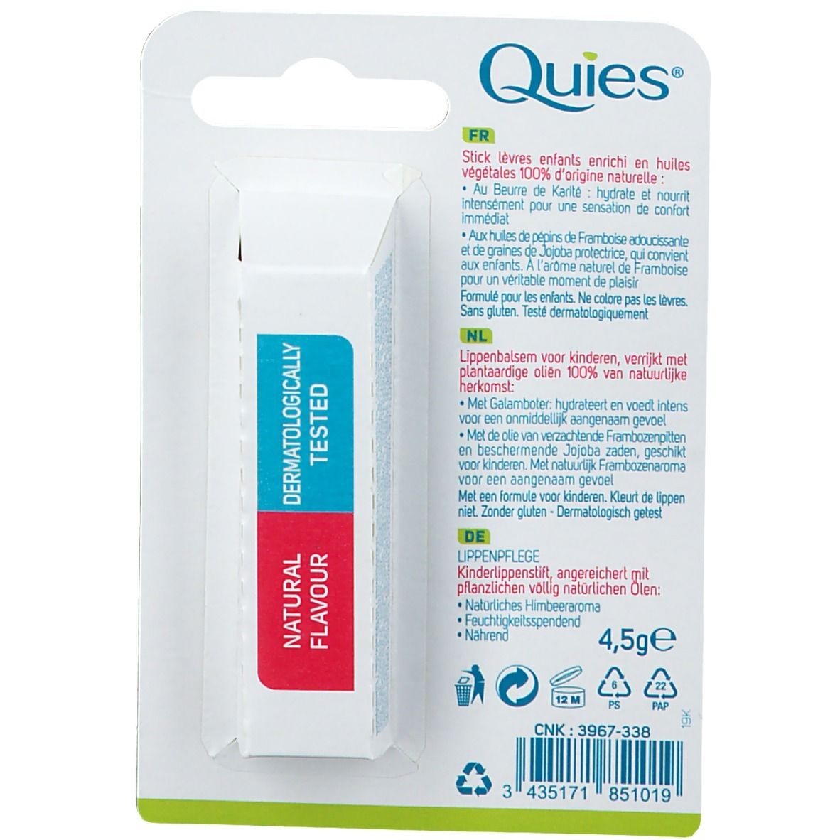 Dos de l'emballage du stick lèvres Quies. Texte en français, ingrédients, 4,5g, testé dermatologiquement.