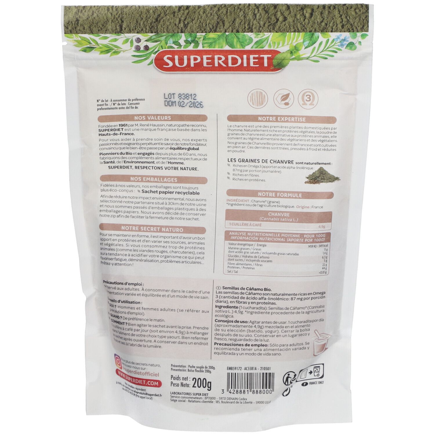 SUPERDIET Graines de chanvre en poudre bio