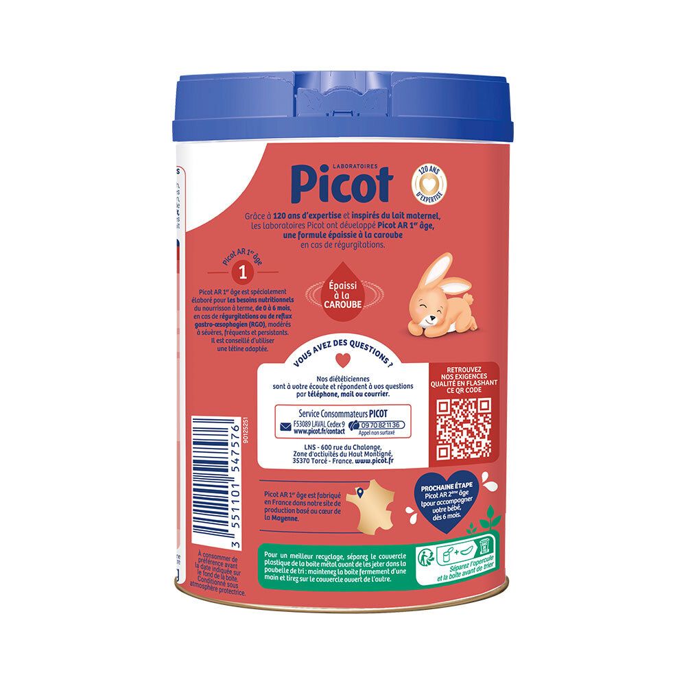 Dos de la boîte avec informations produit et coordonnées. Illustration d'un lapin. 800g.