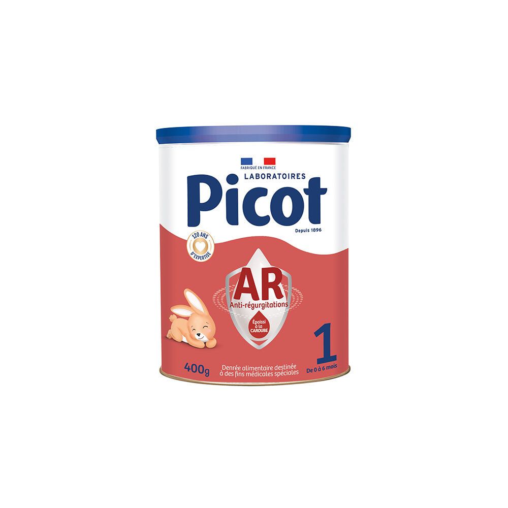 Boîte Picot AR 1, rouge-blanc-bleu. Logo, illustration lapin et texte. 400g. Pour fins médicales spéciales.