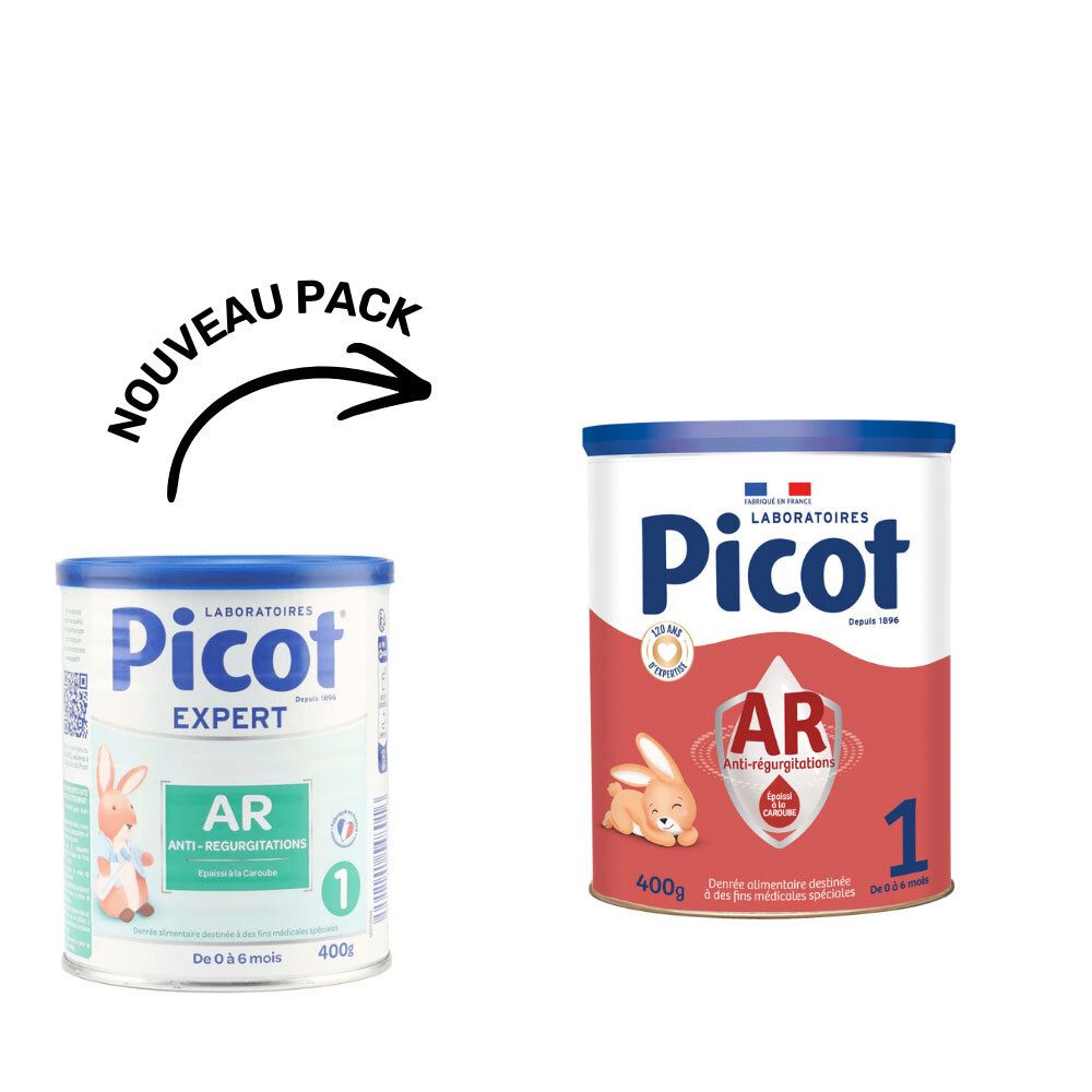 Comparaison : boîte Picot Expert AR et Picot AR 1. Boîtes rouge-blanc-bleu. Flèche avec 'Nouveau Pack'.
