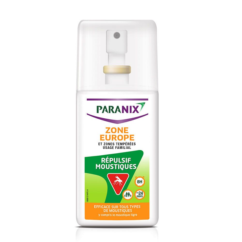 Spray blanc avec tête de pulvérisation et bouchon. Étiquette avec nom du produit et zone verte avec texte.