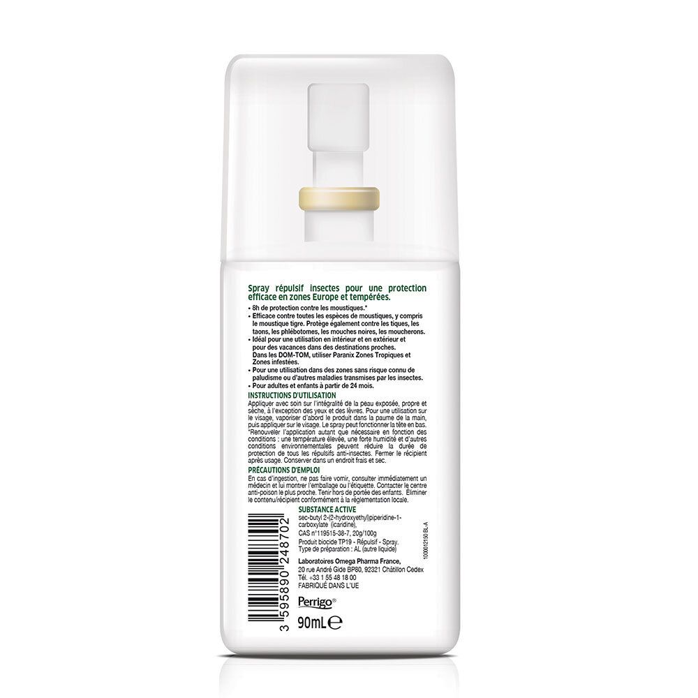Dos du spray blanc. Texte en plusieurs langues. Code-barres et indication de volume.