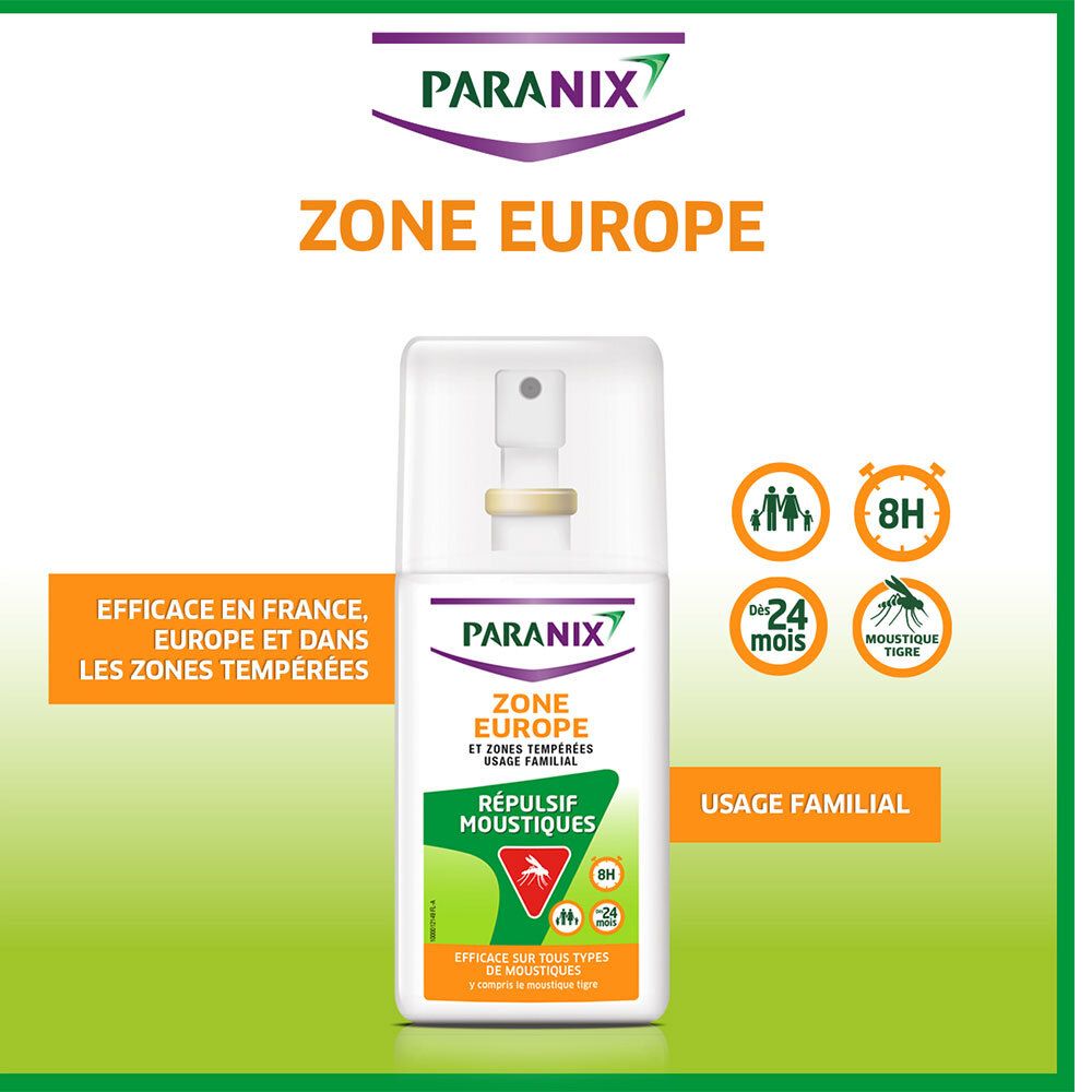 Produit sur fond vert. Nom du produit et texte. Icônes pour la durée de protection et le public cible.