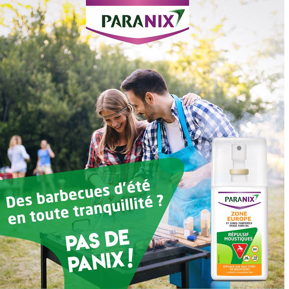 Produit à côté d'un couple faisant un barbecue. Texte sur une bannière verte. Nom du produit visible.
