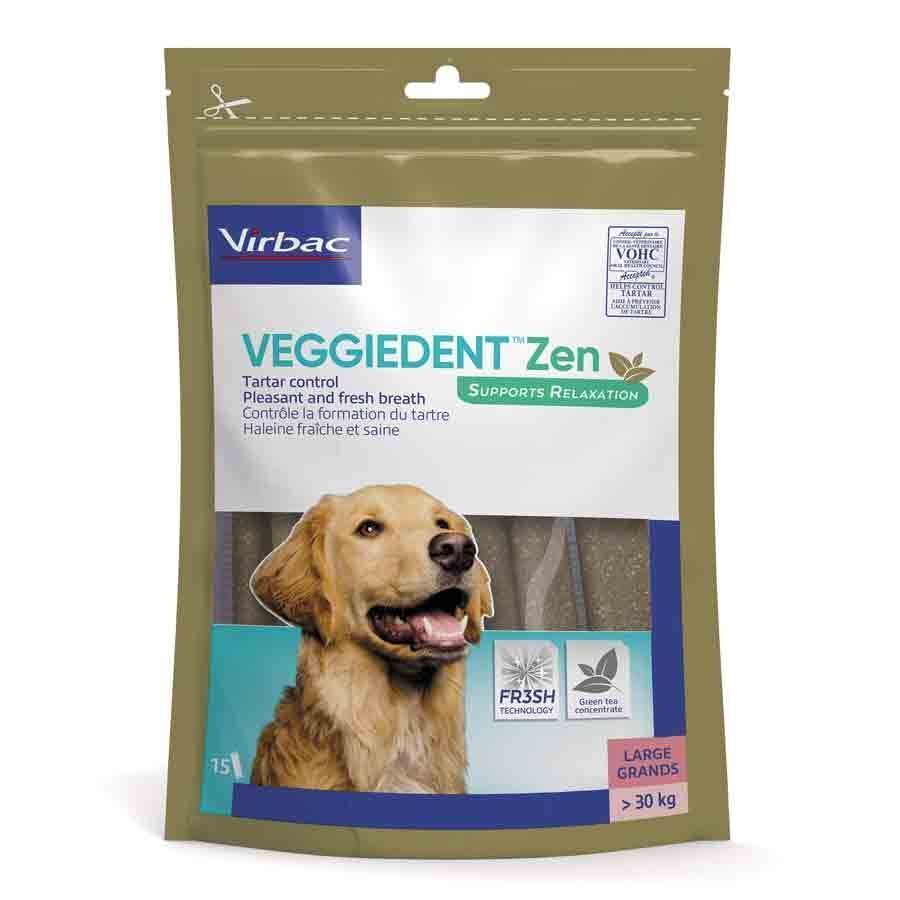 Emballage de Virbac Veggiedent Zen. Sachet vert-beige avec nom du produit et chien. Contient des bâtonnets à mâcher pour chiens de +30 kg.