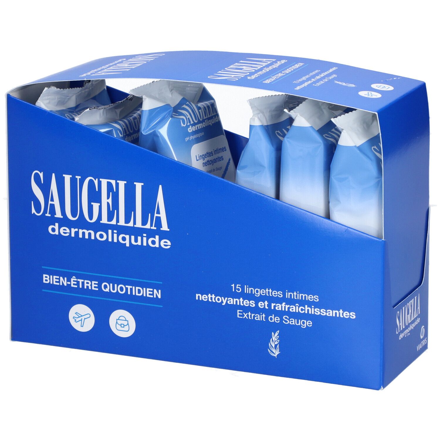 Boîte bleue Saugella Dermoliquide Lingettes Intimes. 15 lingettes nettoyantes et rafraîchissantes. Texte: Bien-être quotidien.