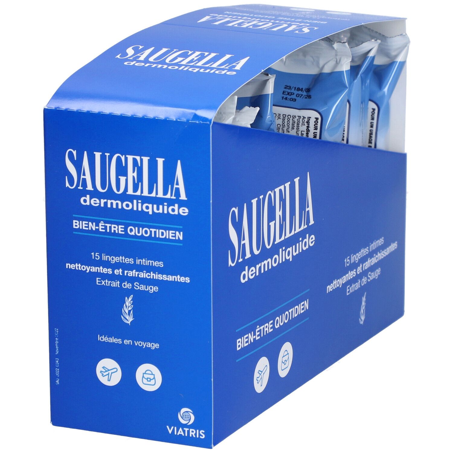 Boîte bleue Saugella Dermoliquide Lingettes Intimes. 15 lingettes. Texte: Bien-être quotidien. Logo Viatris.