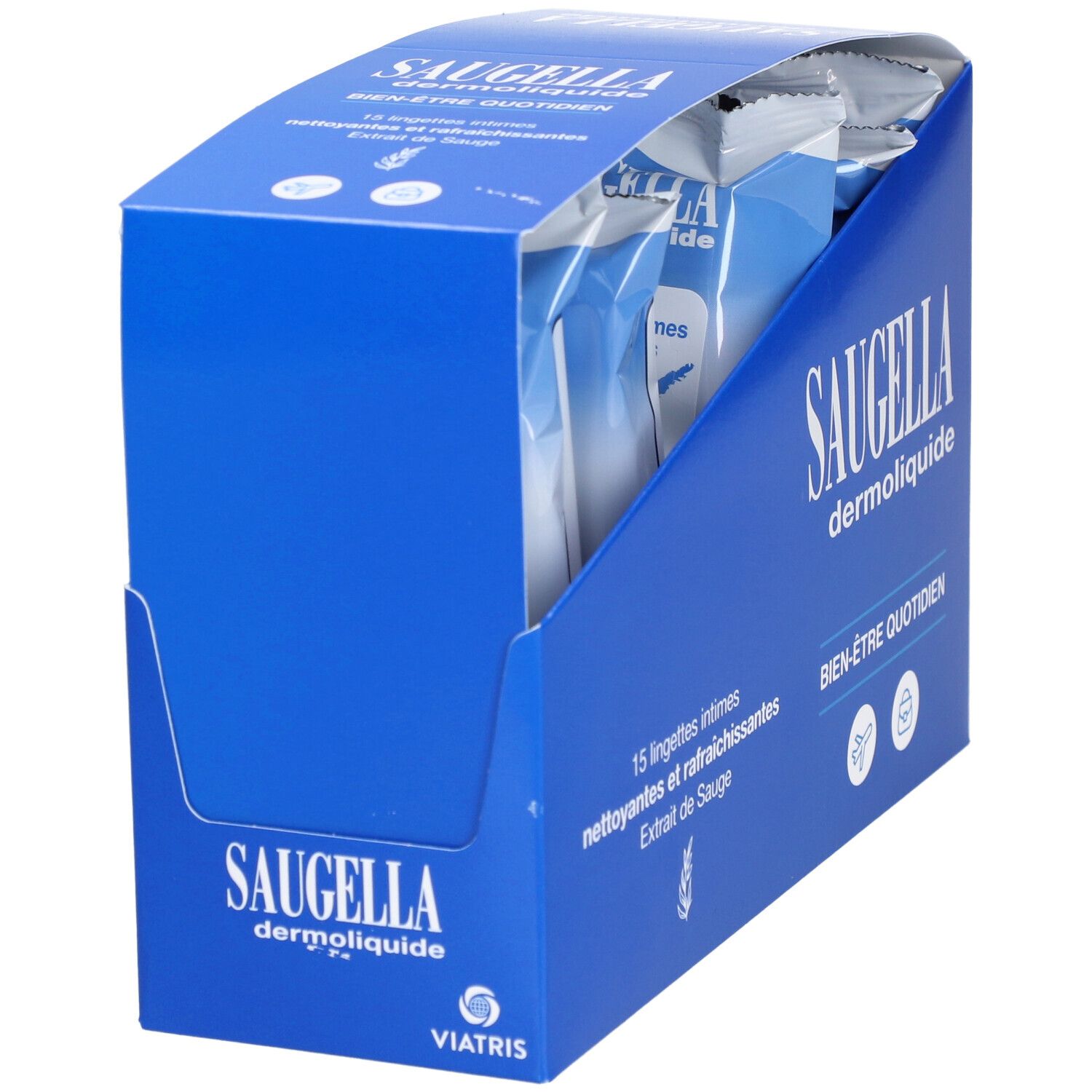 Boîte bleue Saugella Dermoliquide Lingettes Intimes. 15 lingettes. Texte: Bien-être quotidien. Logo Viatris.