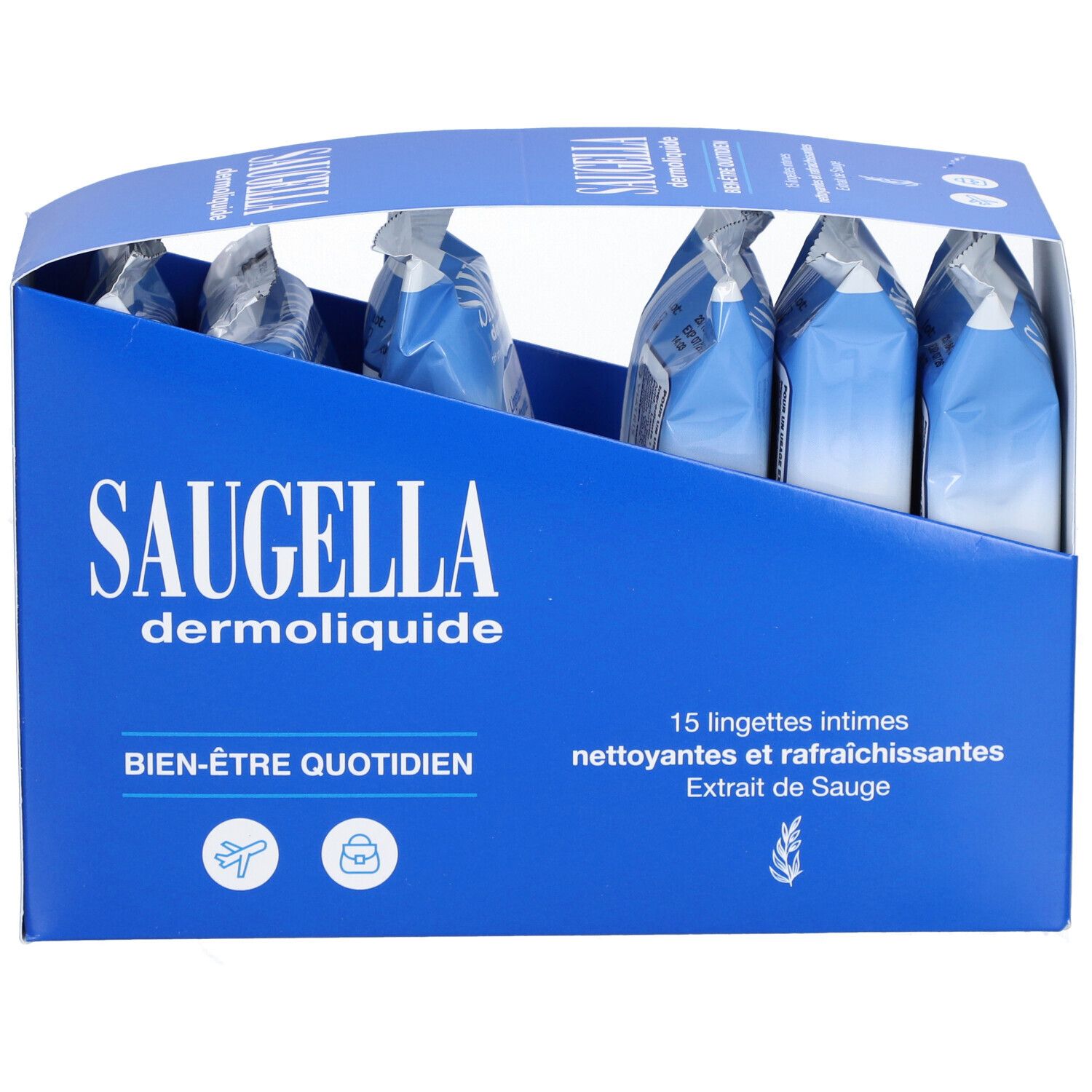 Boîte bleue Saugella Dermoliquide Lingettes Intimes. 15 lingettes. Texte: Bien-être quotidien.