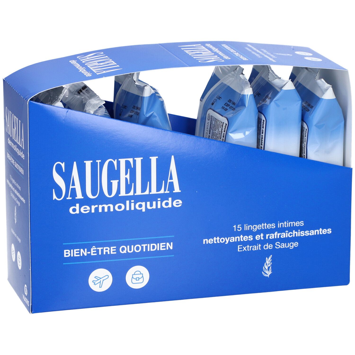 Boîte bleue Saugella Dermoliquide Lingettes Intimes. 15 lingettes. Texte: Bien-être quotidien.