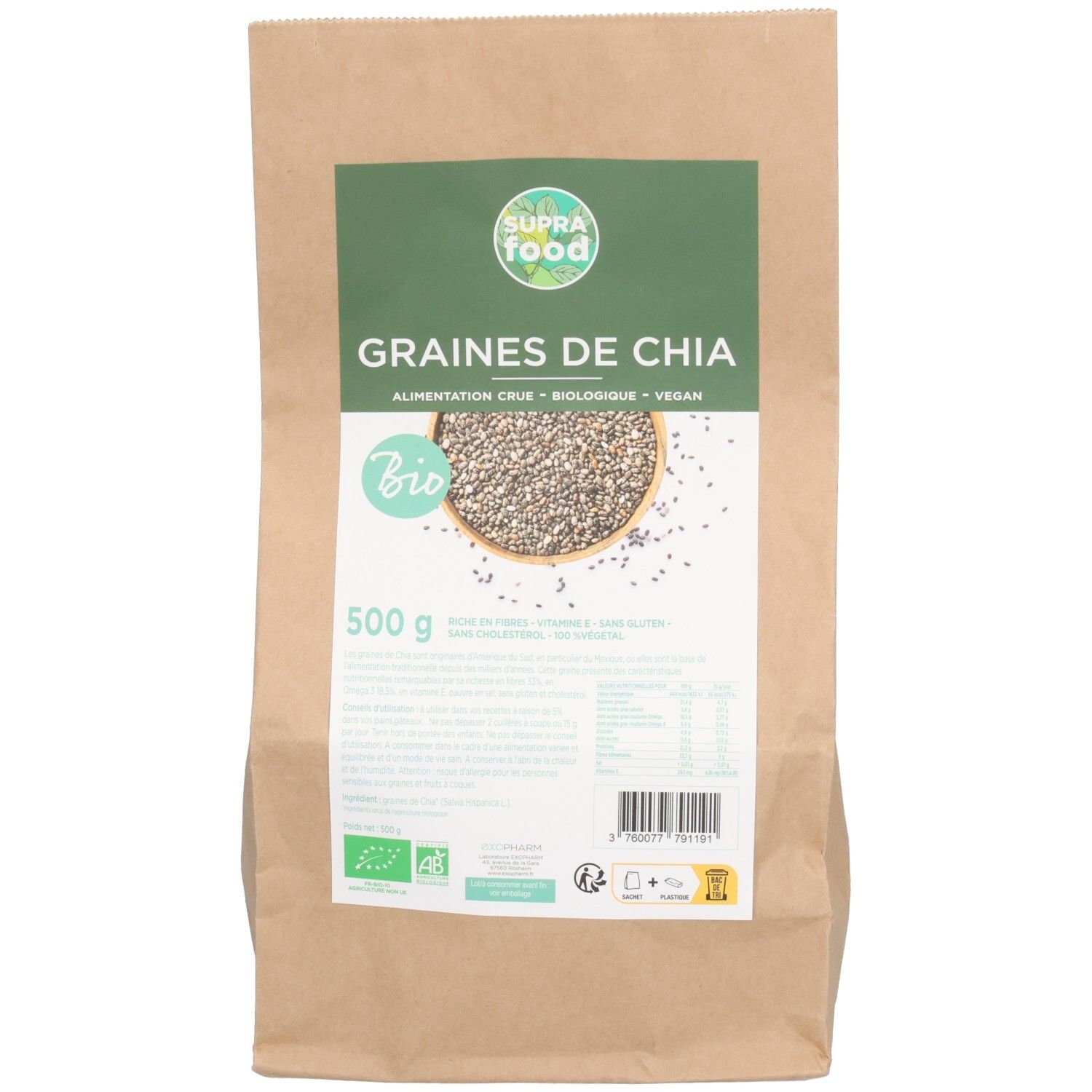 Sac en papier avec impression. Contient des graines de chia. Étiquette verte et blanche avec nom et logo bio. 500g.