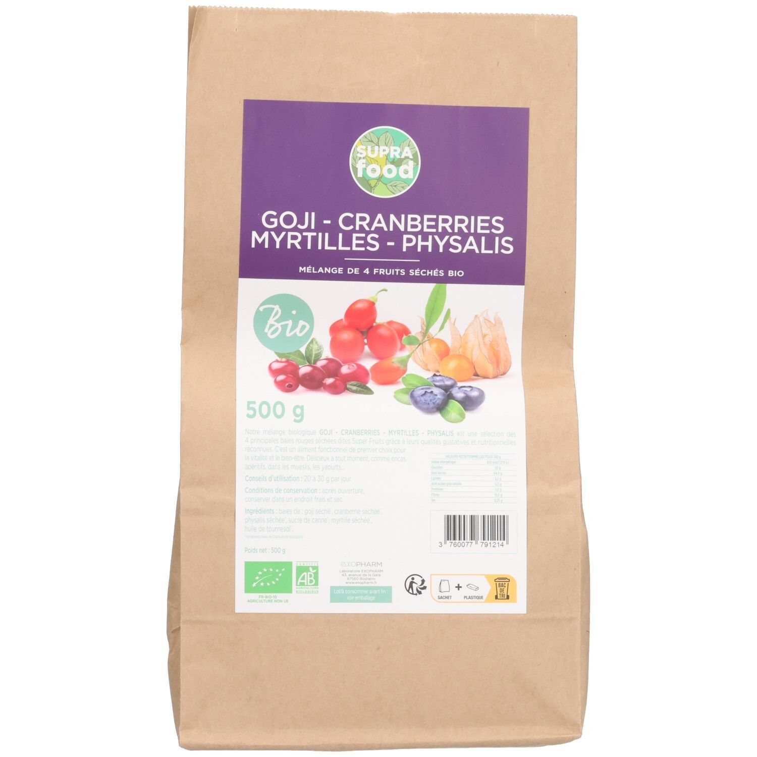 Sac en papier brun avec étiquette violette. Inscription: SUPRAFOOD, GOJI-CRANBERRIES-MYRTILLES-PHYSALIS, BIO. 500 g.