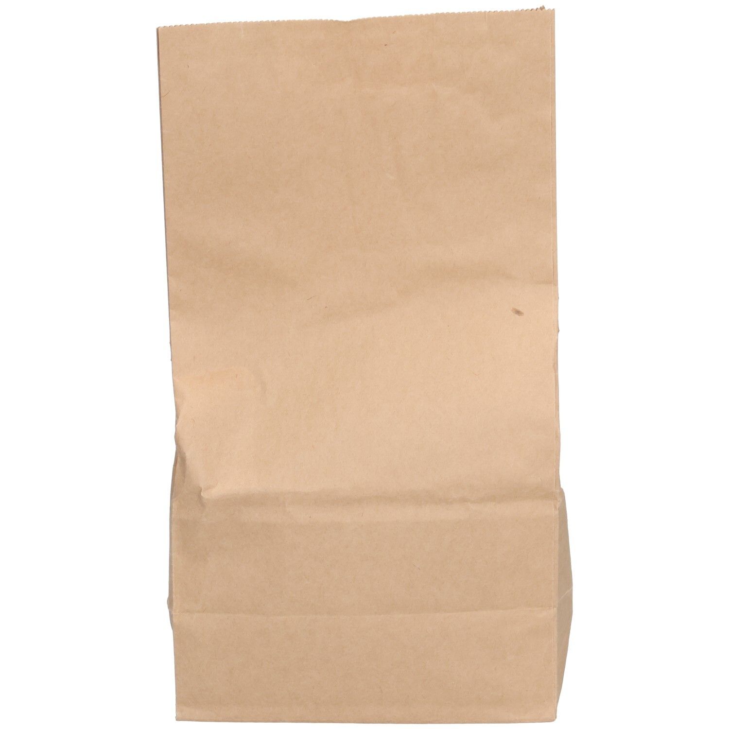 Sac en papier brun, vide, plié. Face avant visible.
