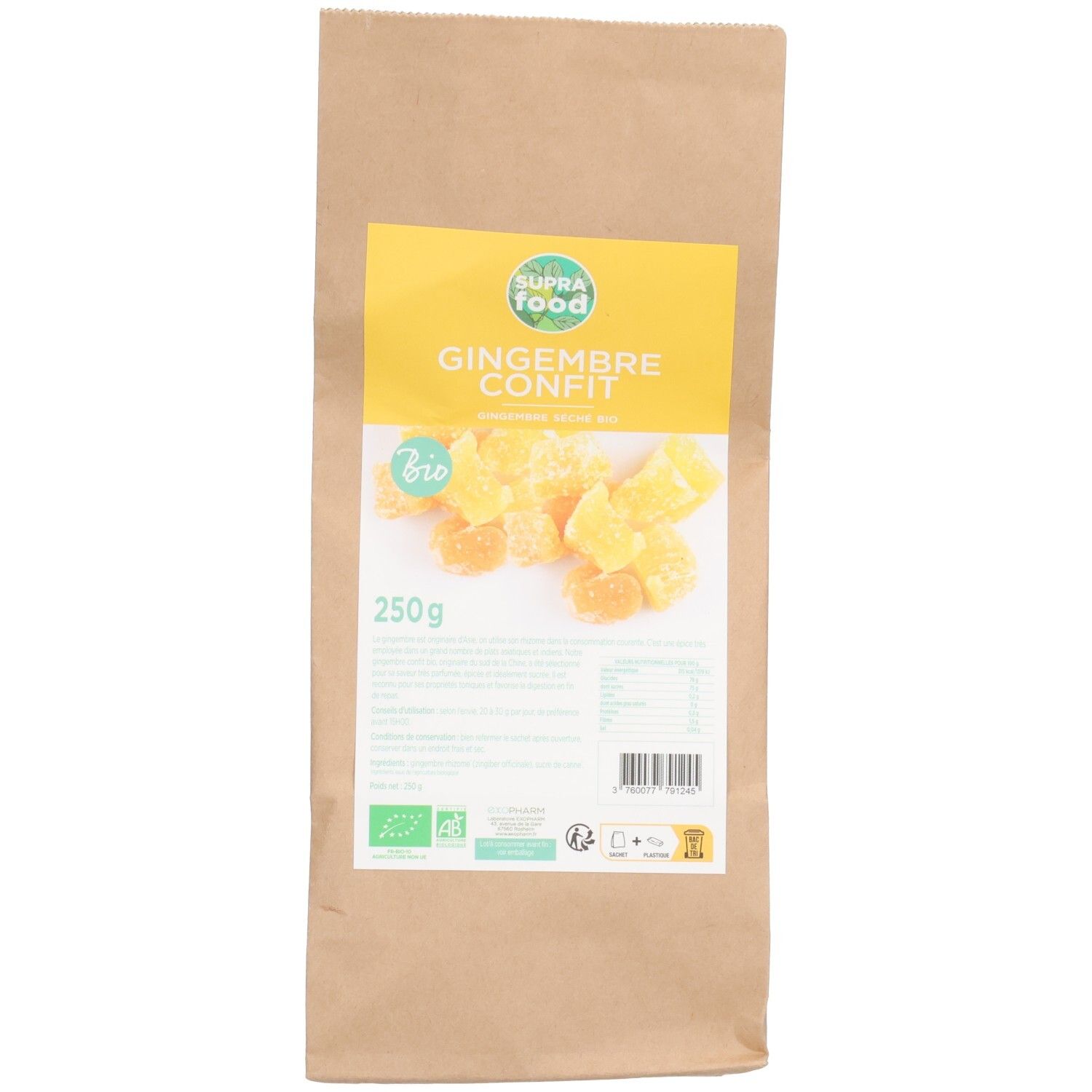 Sachet en papier brun avec étiquette jaune. Inscription: SUPRAFOOD, GINGEMBRE CONFIT, BIO, 250g. Illustration de gingembre confit.
