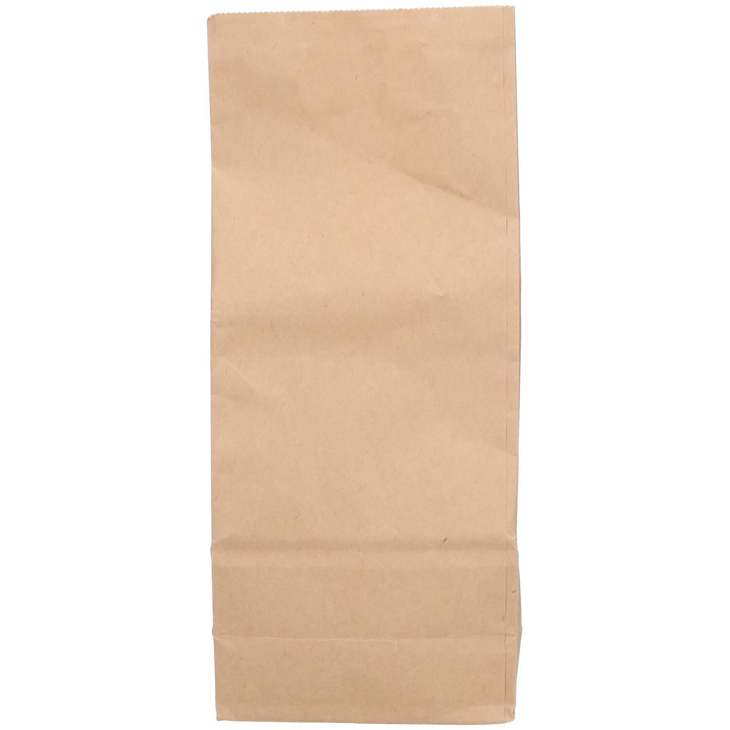 Sachet en papier brun, vide, plié. Face avant avec plis. Aucun autre détail visible.