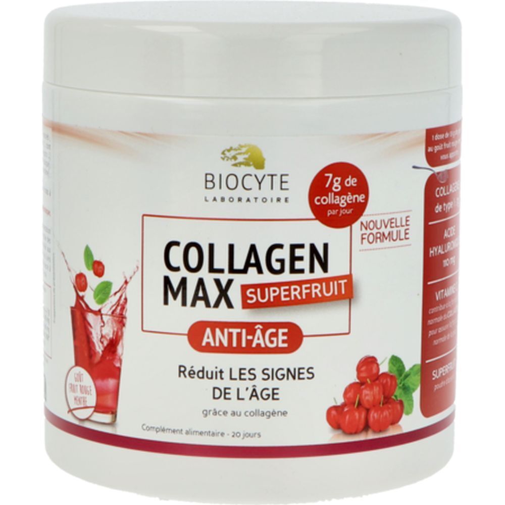 Pot blanc avec étiquette rouge. Texte: Biocyte Collagen Max Superfruit Anti-Âge. 7g de collagène par jour. Illustration de fruits.