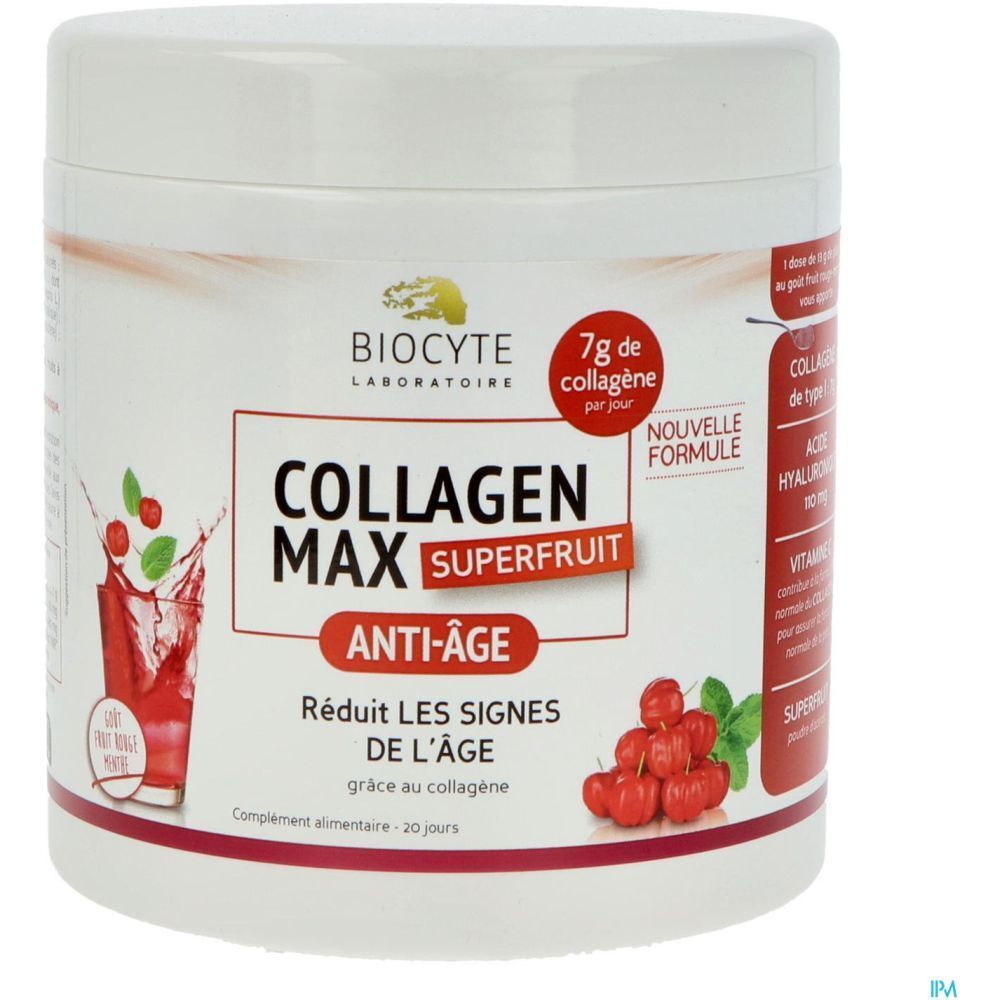 Pot blanc avec étiquette rouge. Texte: Biocyte Collagen Max Superfruit Anti-Âge. 7g de collagène par jour. Illustration de fruits.