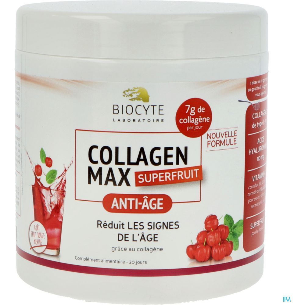 Pot blanc avec étiquette rouge. Texte: Biocyte Collagen Max Superfruit Anti-Âge. 7g de collagène par jour. Illustration de fruits.