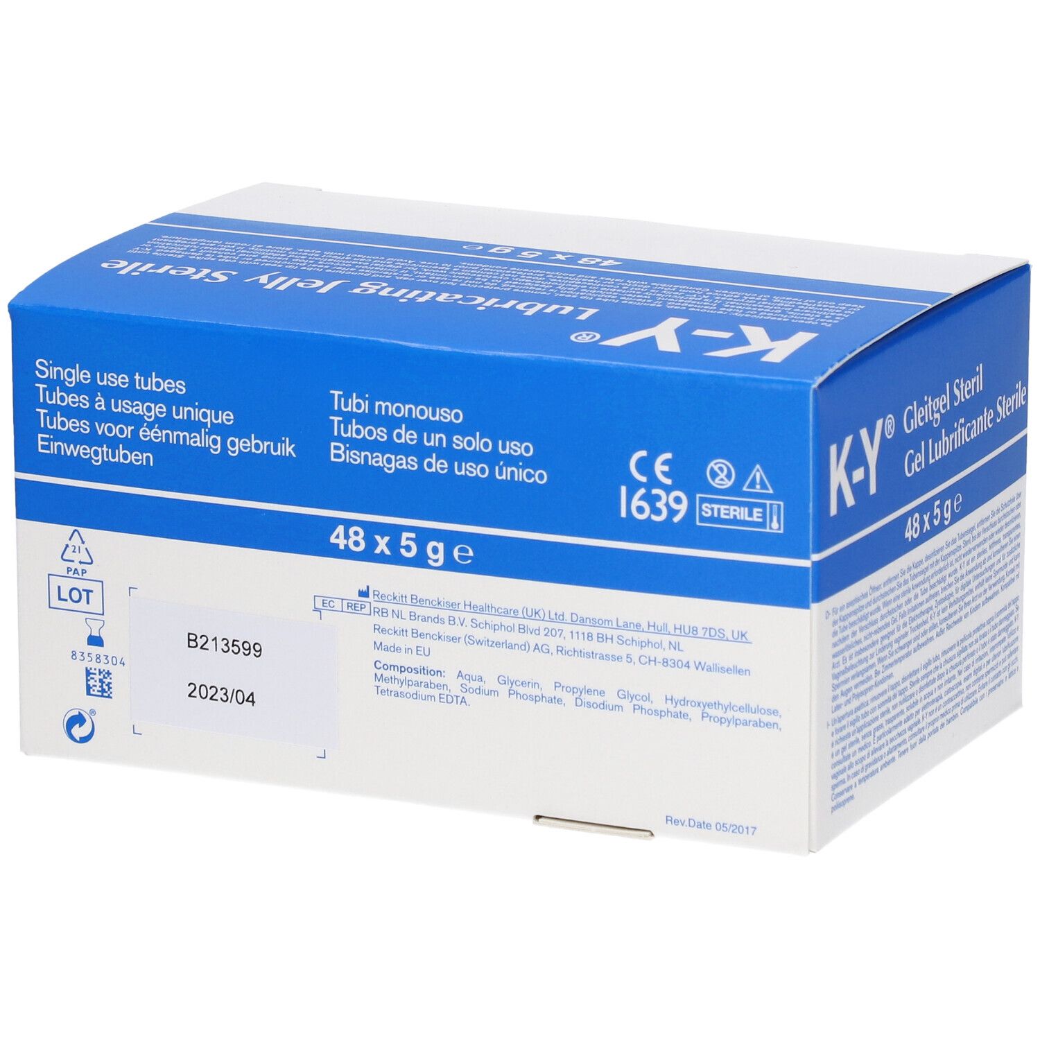 Boîte bleue et blanche "K-Y® Gel Lubrifiant Stérile". Contient 48 x 5g. Tubes à usage unique. Texte multilingue.