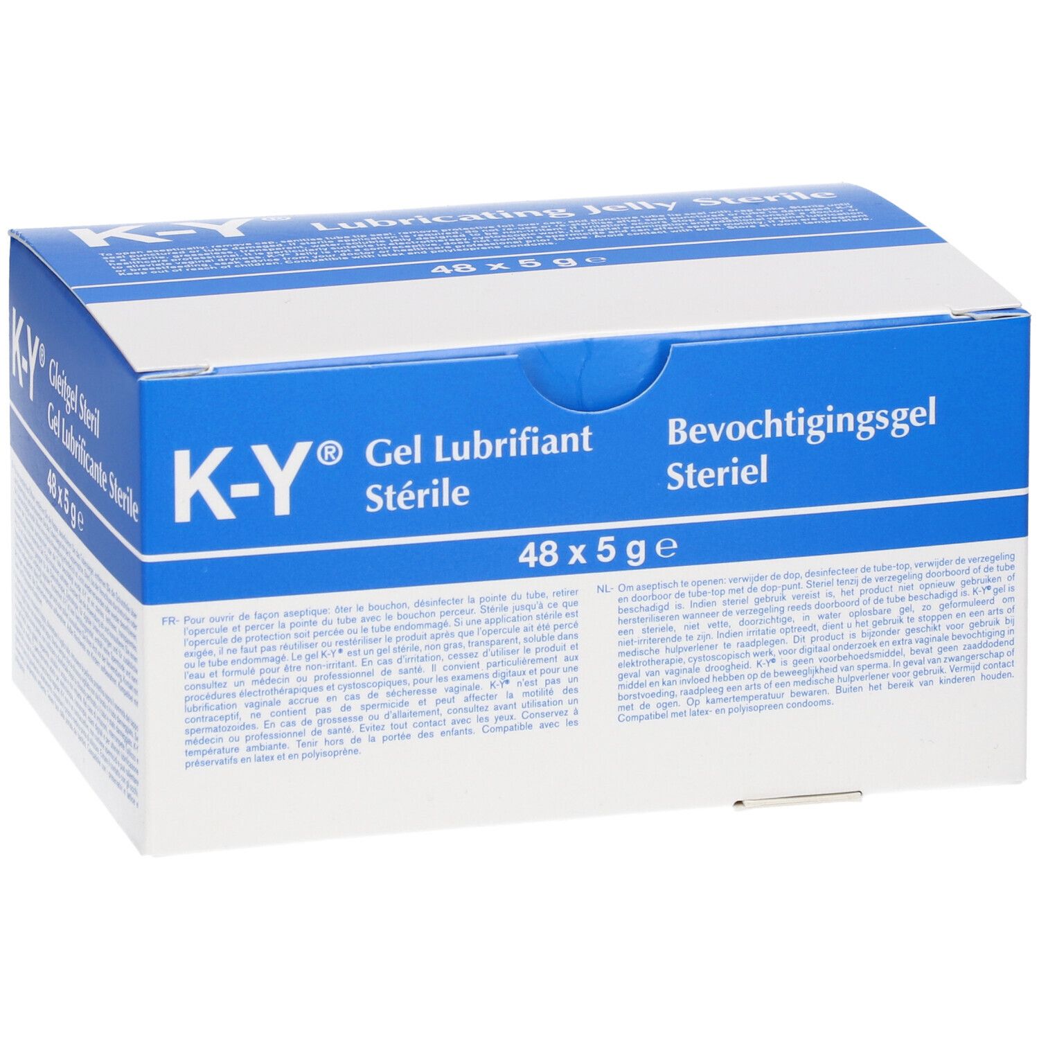 Boîte de K-Y® Gel Lubrifiant Stérile. Emballage bleu et blanc avec informations produit. 48 x 5g.