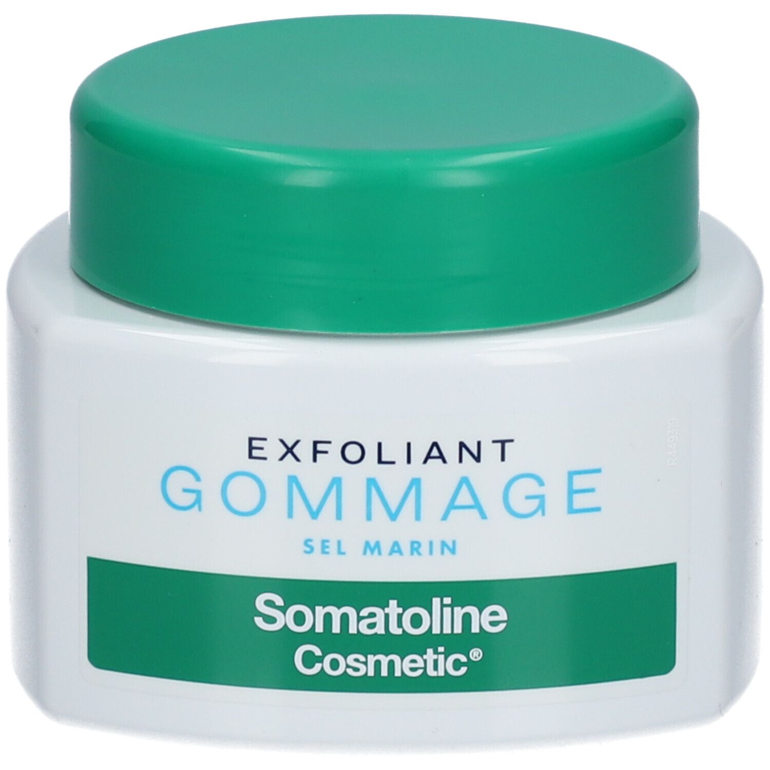 Pot blanc avec couvercle vert. Inscription: EXFOLIANT GOMMAGE SEL MARIN, Somatoline Cosmetic®.