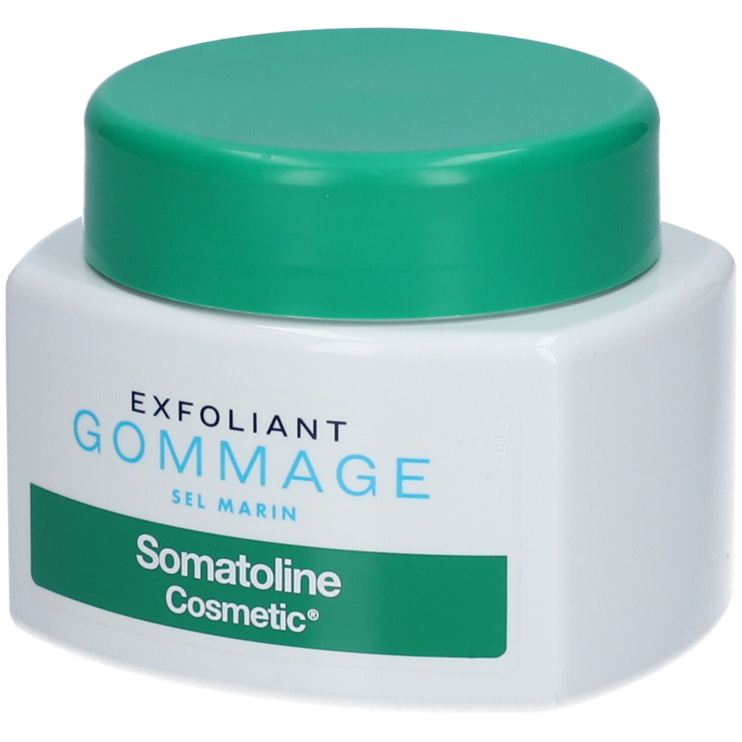 Pot blanc avec couvercle vert. Inscription: EXFOLIANT GOMMAGE SEL MARIN, Somatoline Cosmetic®.