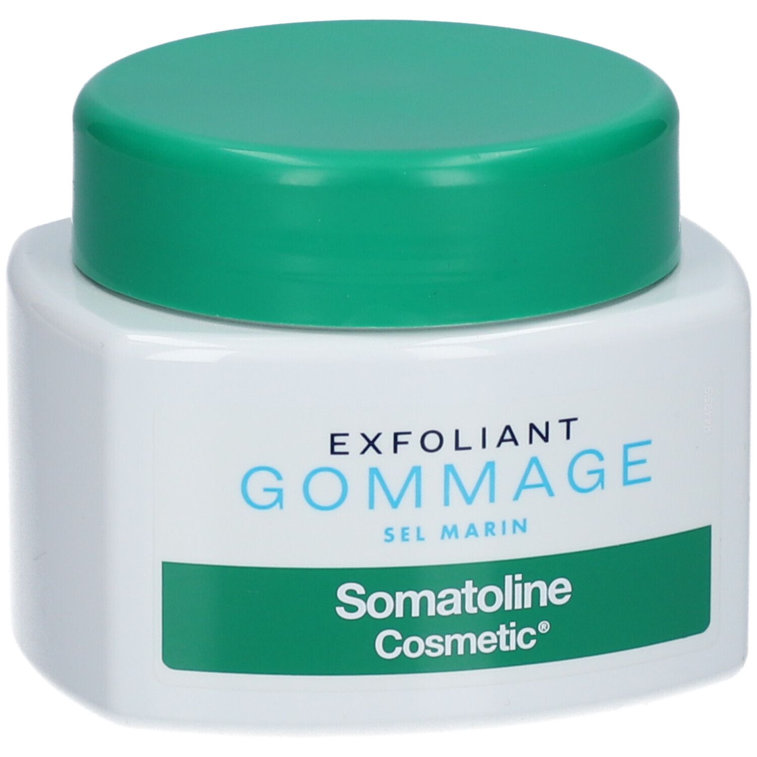 Pot blanc avec couvercle vert. Inscription: EXFOLIANT GOMMAGE SEL MARIN, Somatoline Cosmetic®.