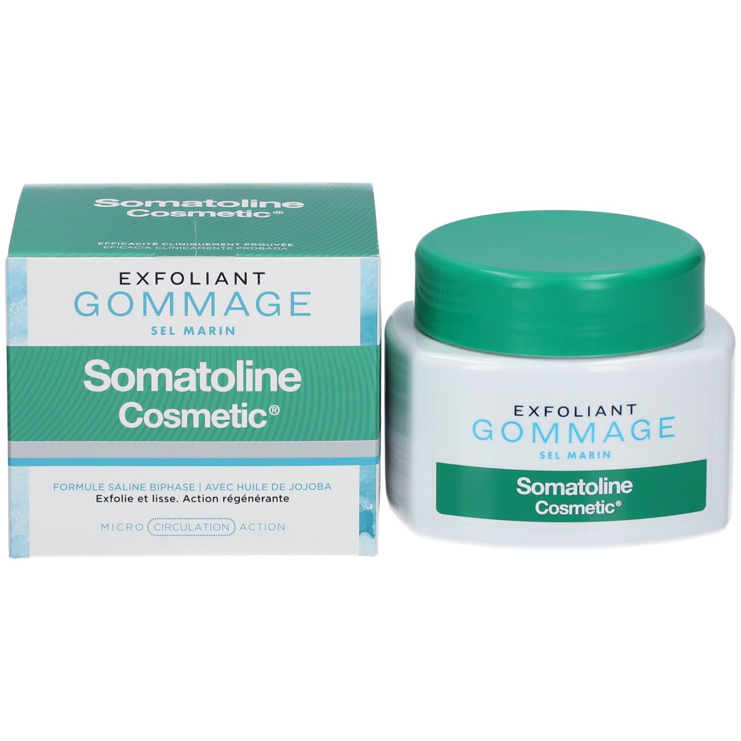 Produit et emballage. Inscription: EXFOLIANT GOMMAGE SEL MARIN, Somatoline Cosmetic®.