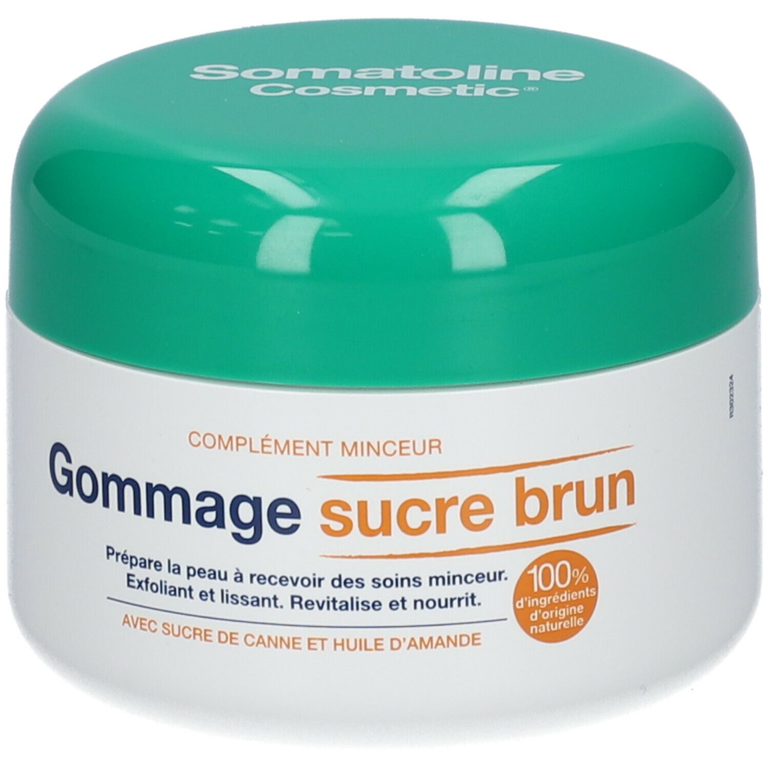 Pot blanc, couvercle vert. Inscription: Somatoline Cosmetic, Gommage sucre brun. 100% ingrédients d'origine naturelle.