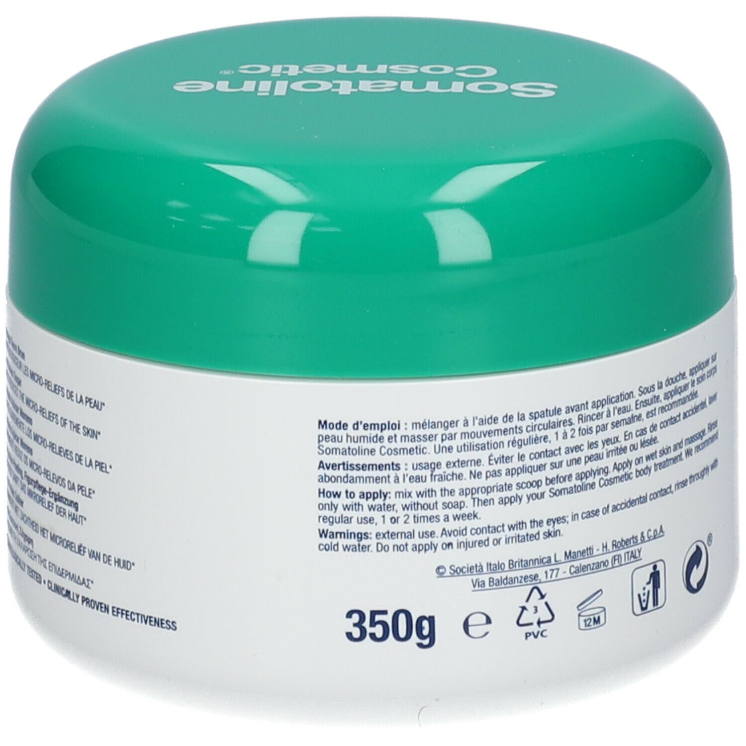 Pot blanc, couvercle vert. Inscription: Somatoline Cosmetic. Texte et 350g. Éco-label.