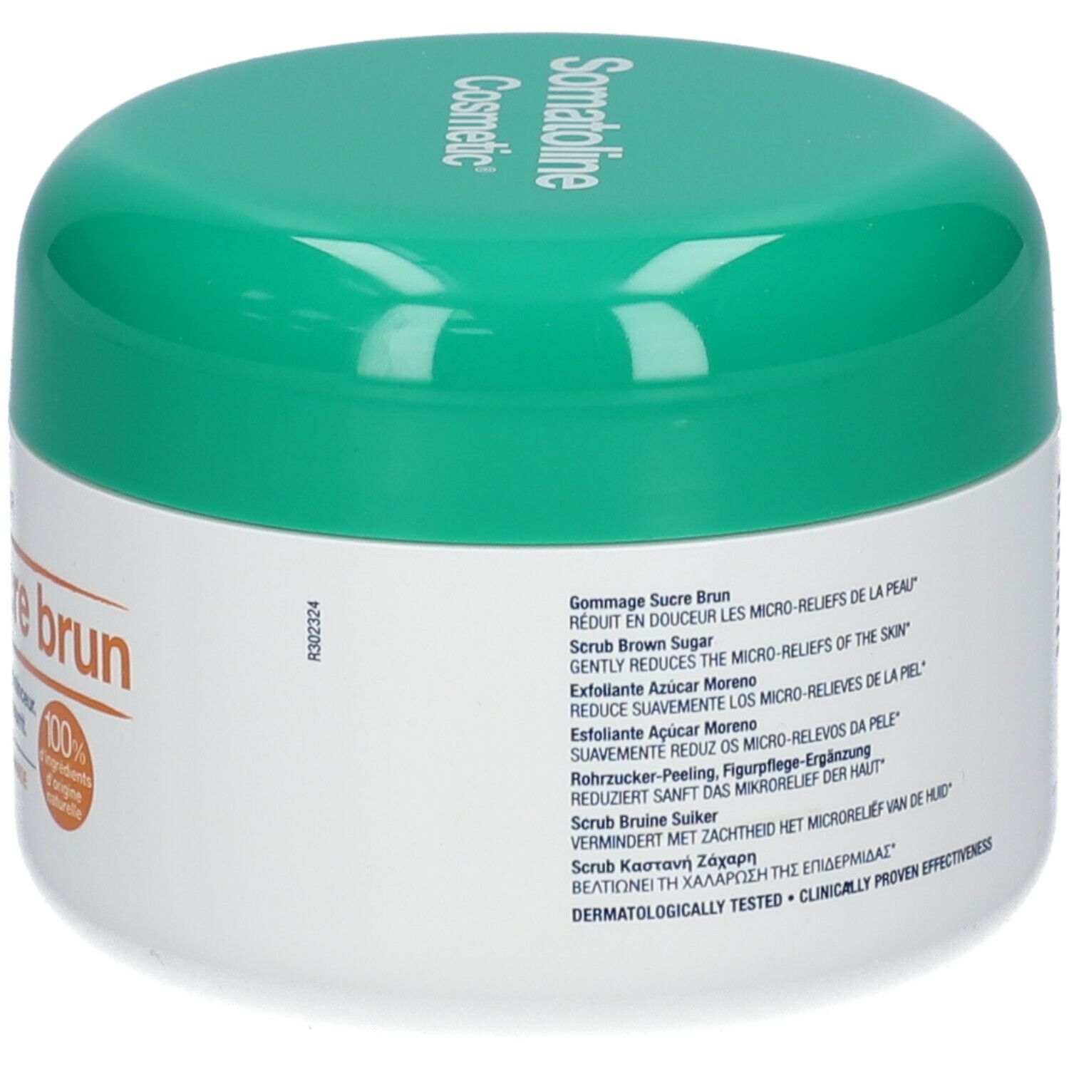 Pot blanc, couvercle vert. Inscription: Somatoline Cosmetic. Texte sur le côté. Testé dermatologiquement.