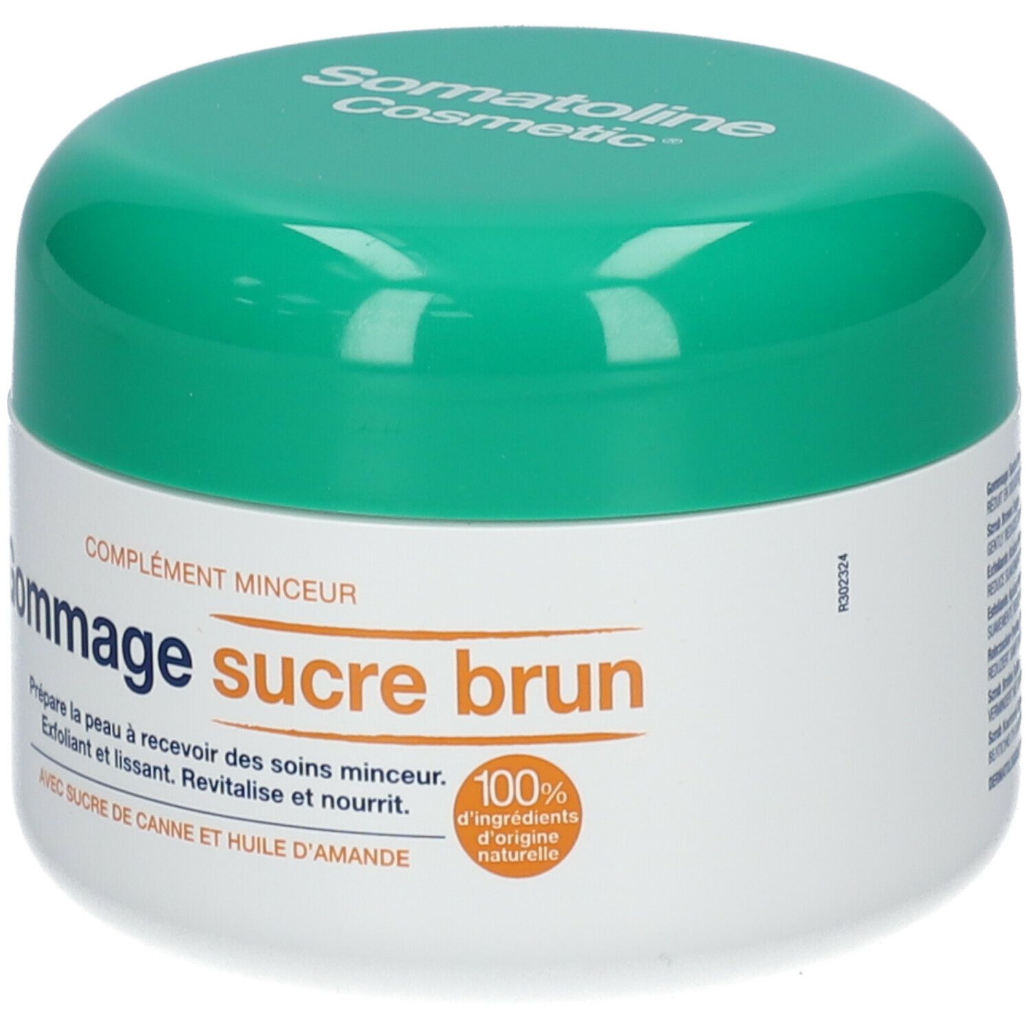 Pot blanc, couvercle vert. Inscription: Somatoline Cosmetic, Gommage sucre brun. 100% ingrédients naturels.