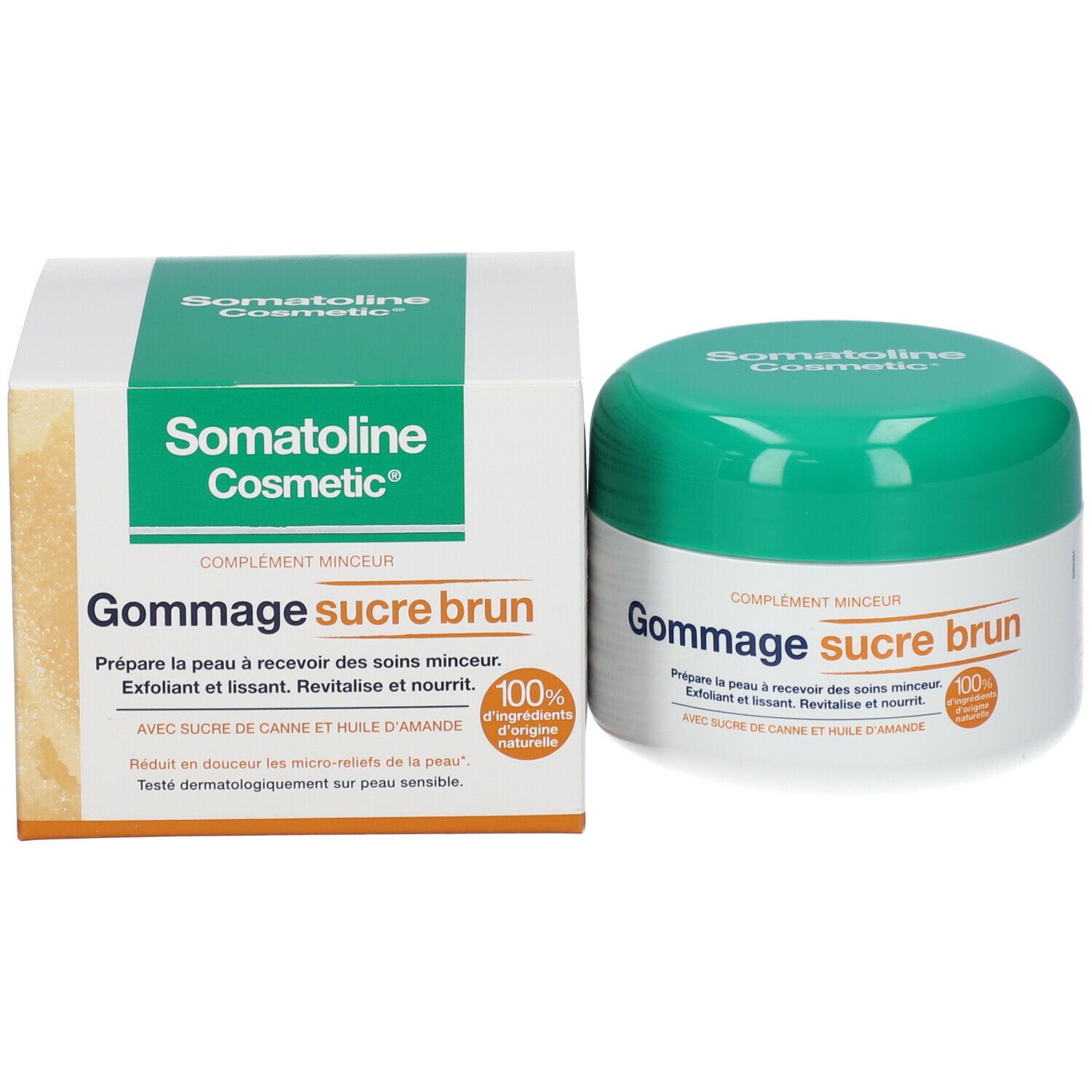 Produit et emballage. Pot blanc, couvercle vert. Inscription: Somatoline Cosmetic, Gommage sucre brun.