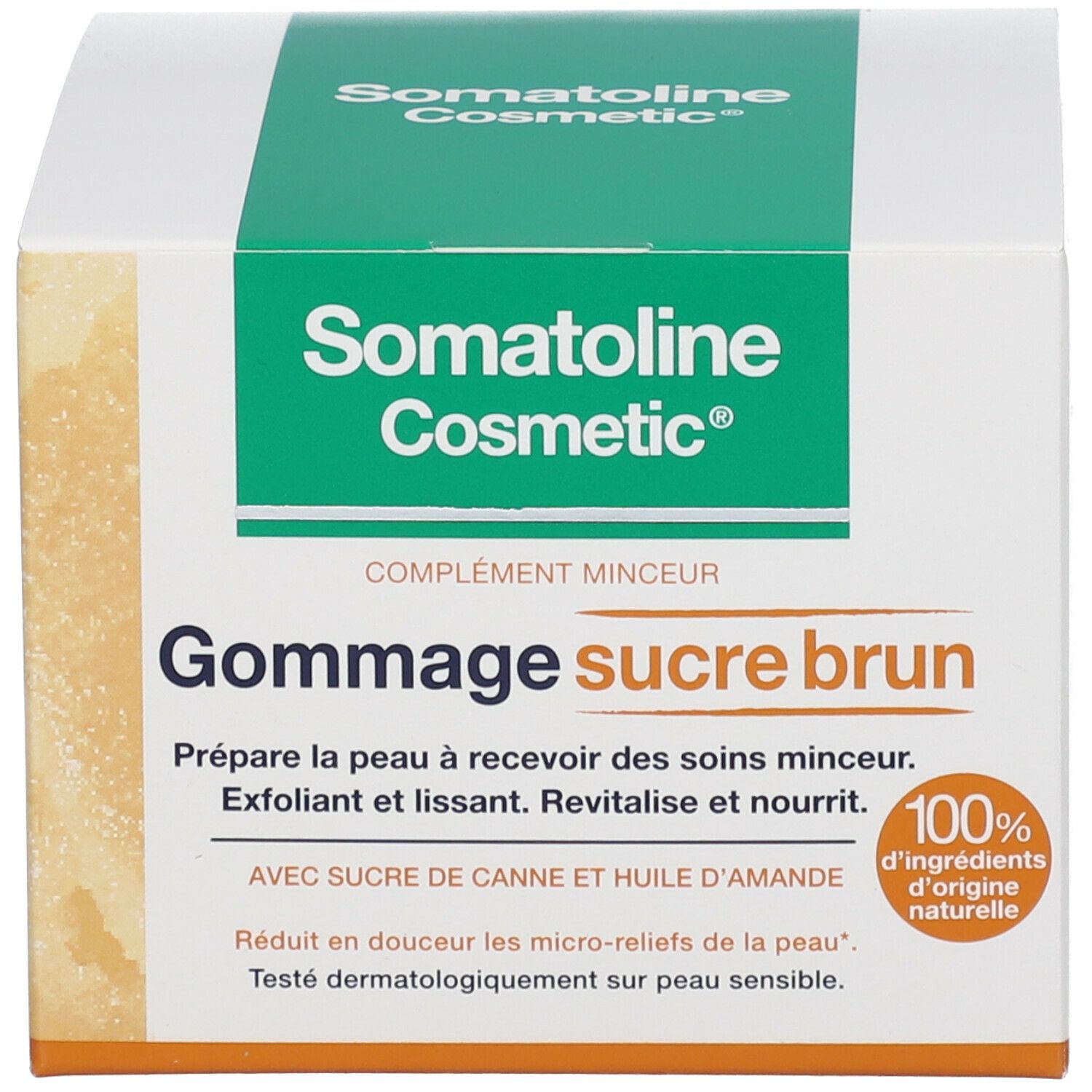 Emballage. Boîte avec inscription: Somatoline Cosmetic, Gommage sucre brun. 100% ingrédients naturels. Testé dermatologiquement.