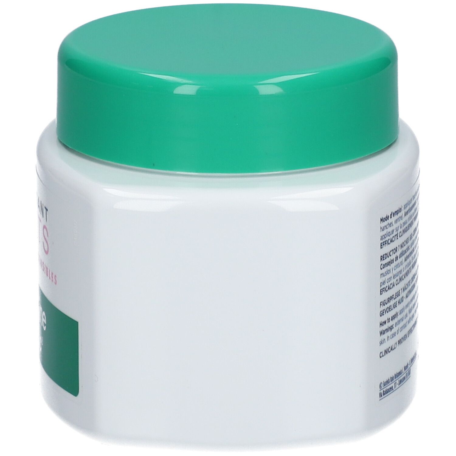 Pot blanc avec couvercle vert. Dos avec texte. Inscription : Amincissant 7 Nuits, Somatoline Cosmetic.